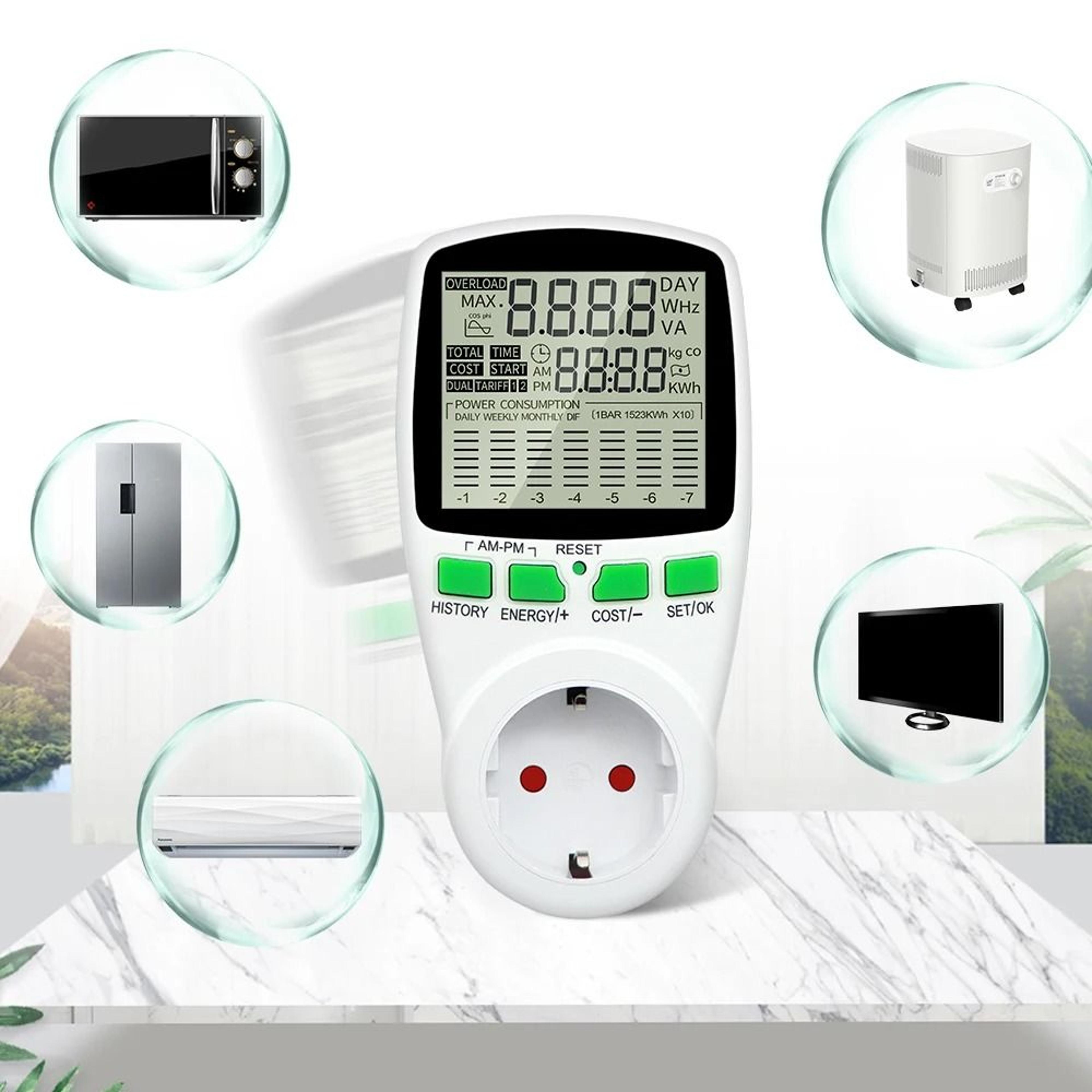 lcd plug-in power meter and electricity usage monitor with kwh tracking