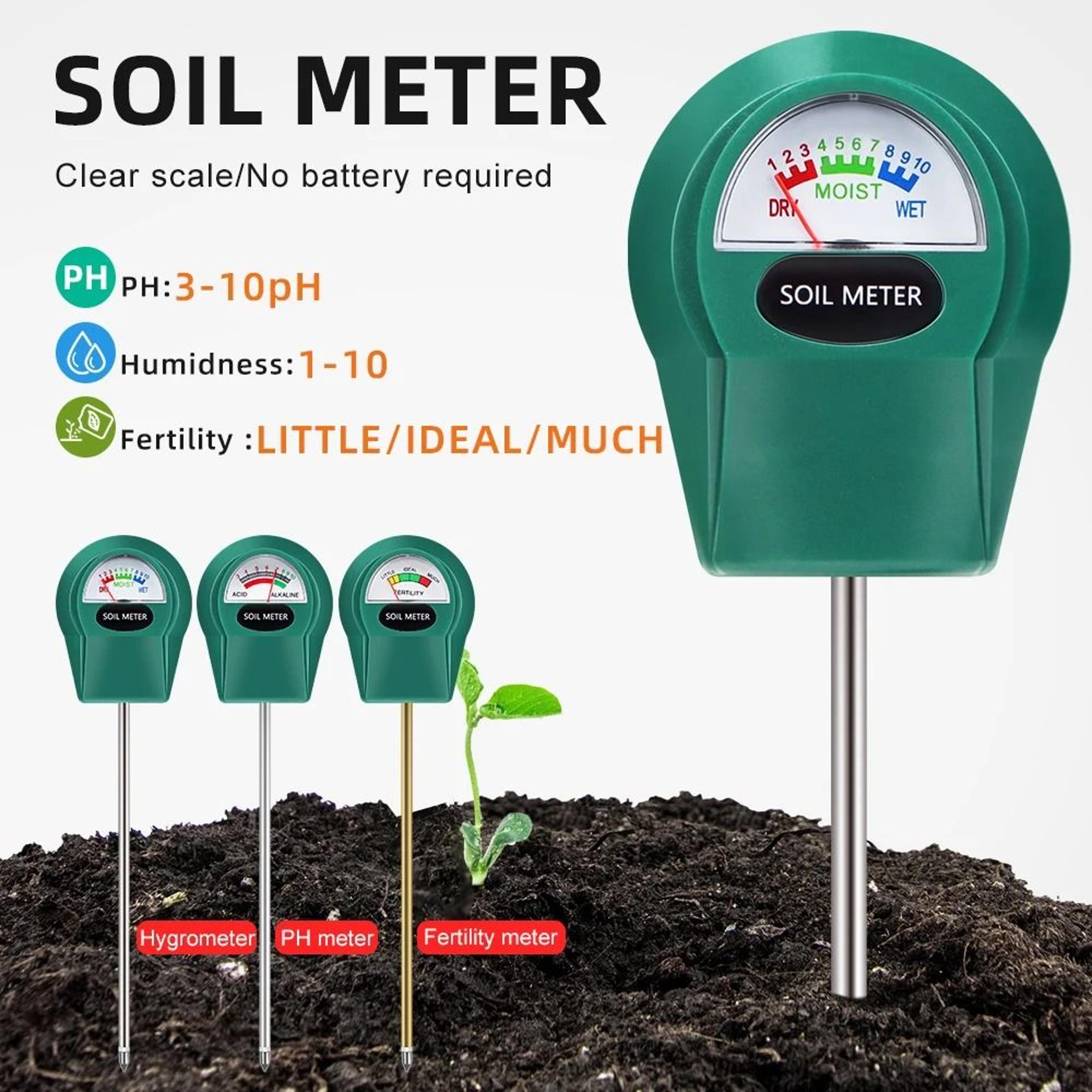 3-in-1 battery-free soil moisture meter with ph and fertility check