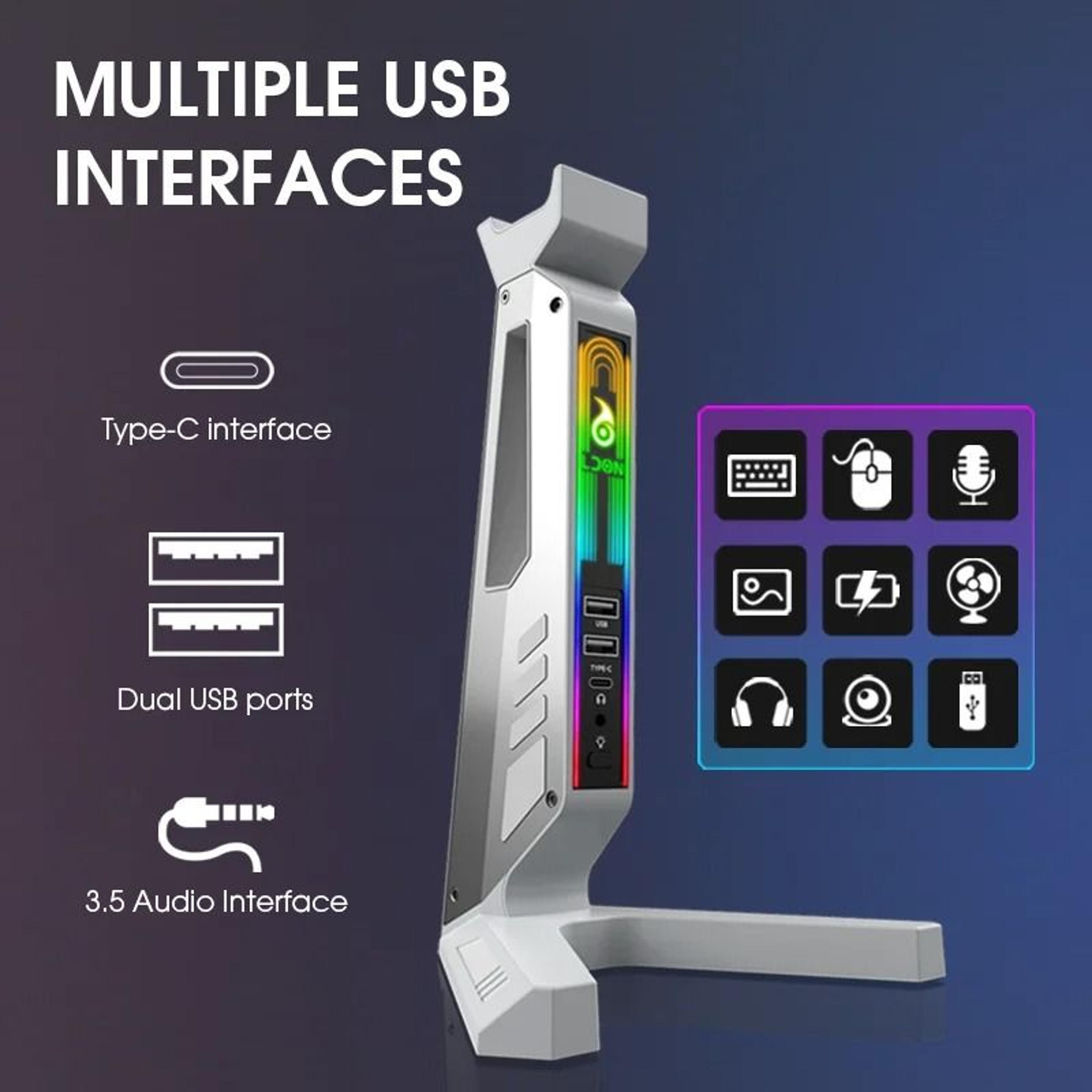 rgb gaming headset stand with sound-activated lights and usb dock