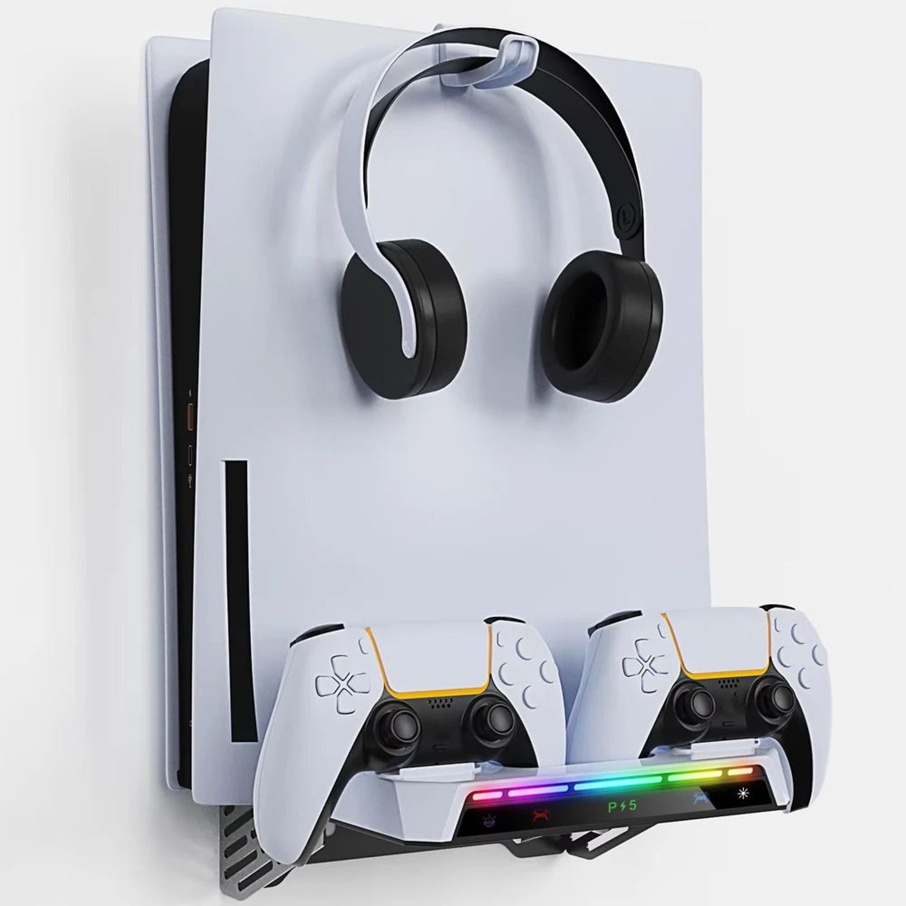 ps5 wall mount kit with rgb dual controller charging and headset hanger