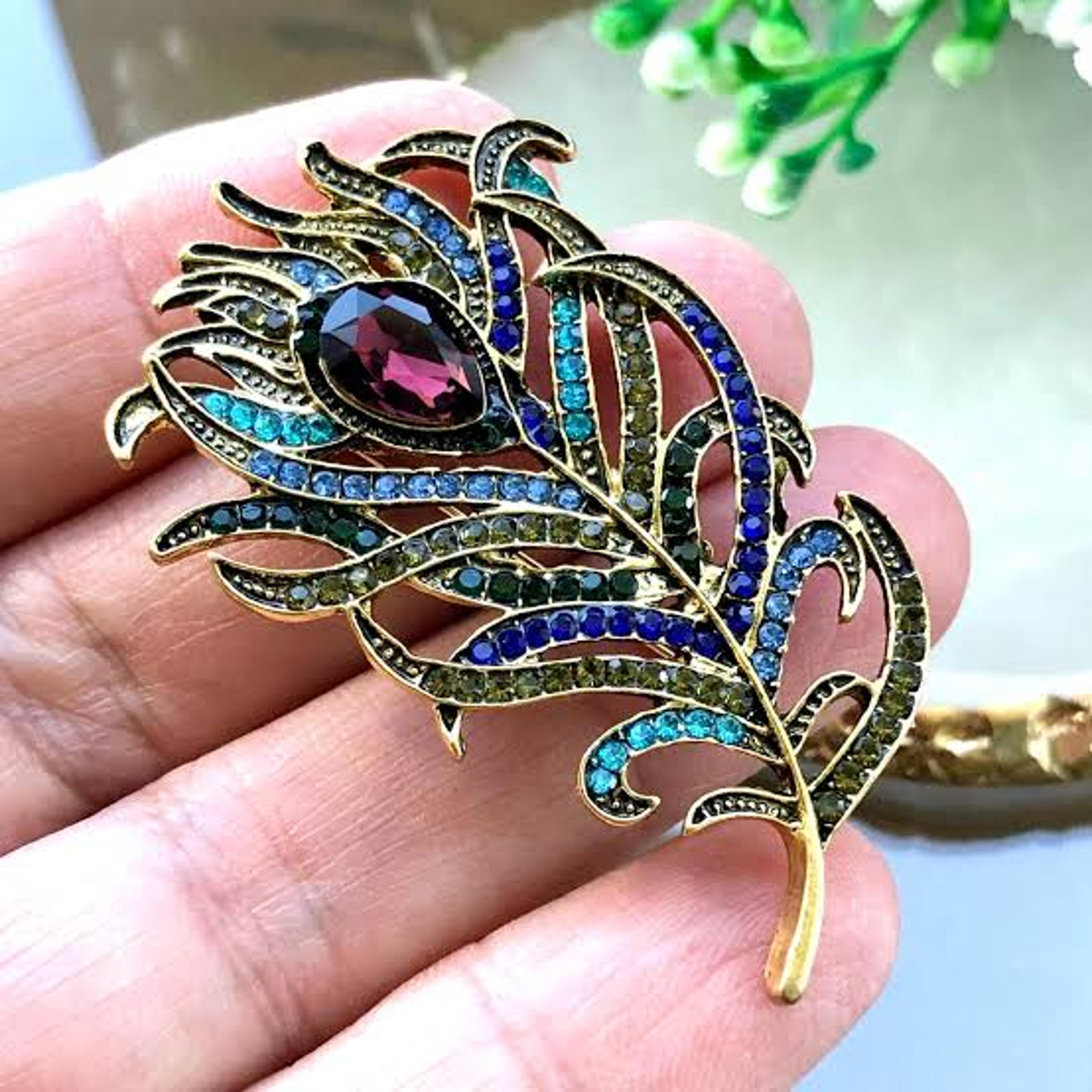 vintage peacock feather brooch rhinestone lapel pin for scarves coats and dresses