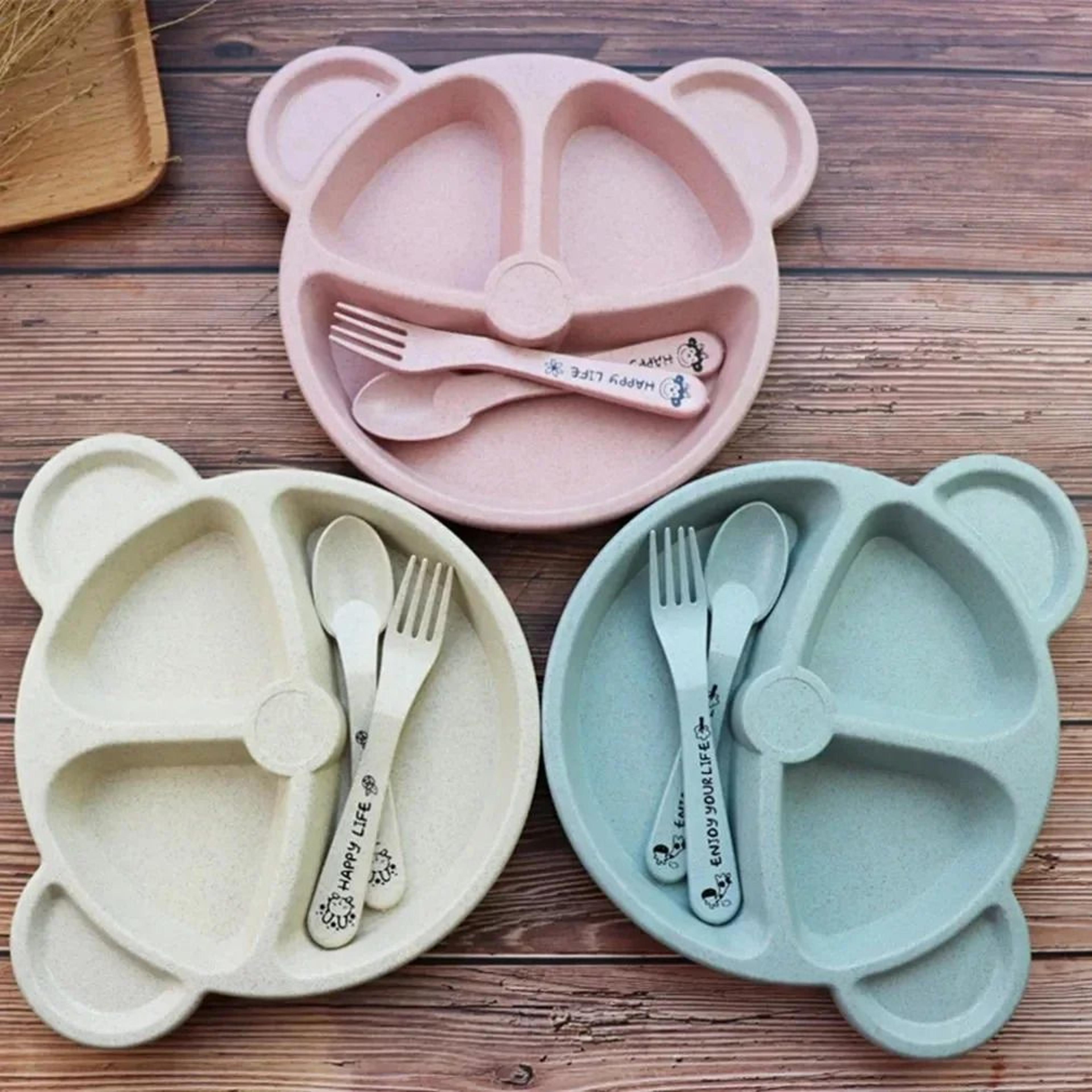 3-piece wheat straw kids tableware set cartoon bowl spoon and fork for toddler feeding