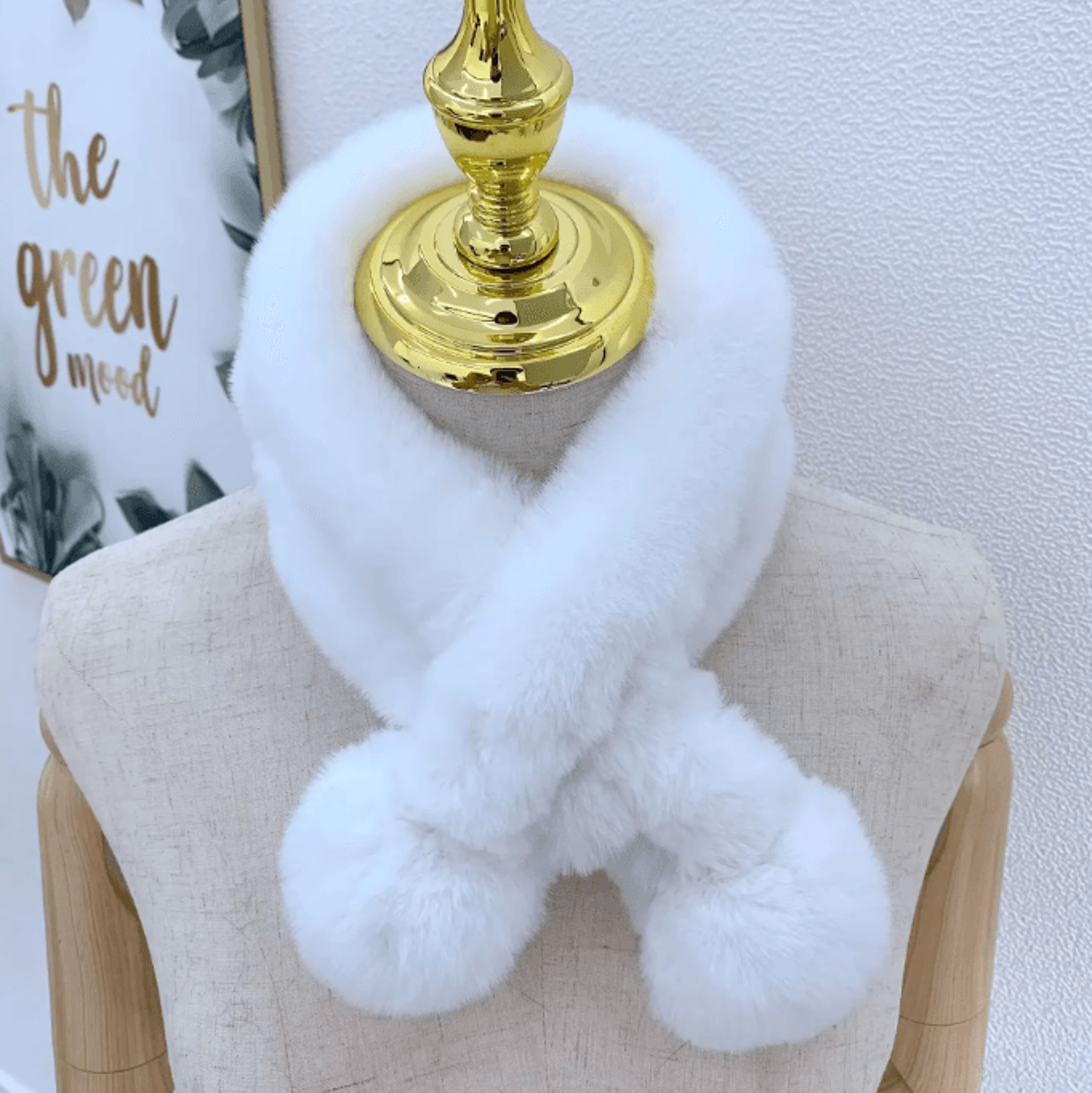 womens faux rabbit fur cross scarf plush winter neck warmer with fur ball detail