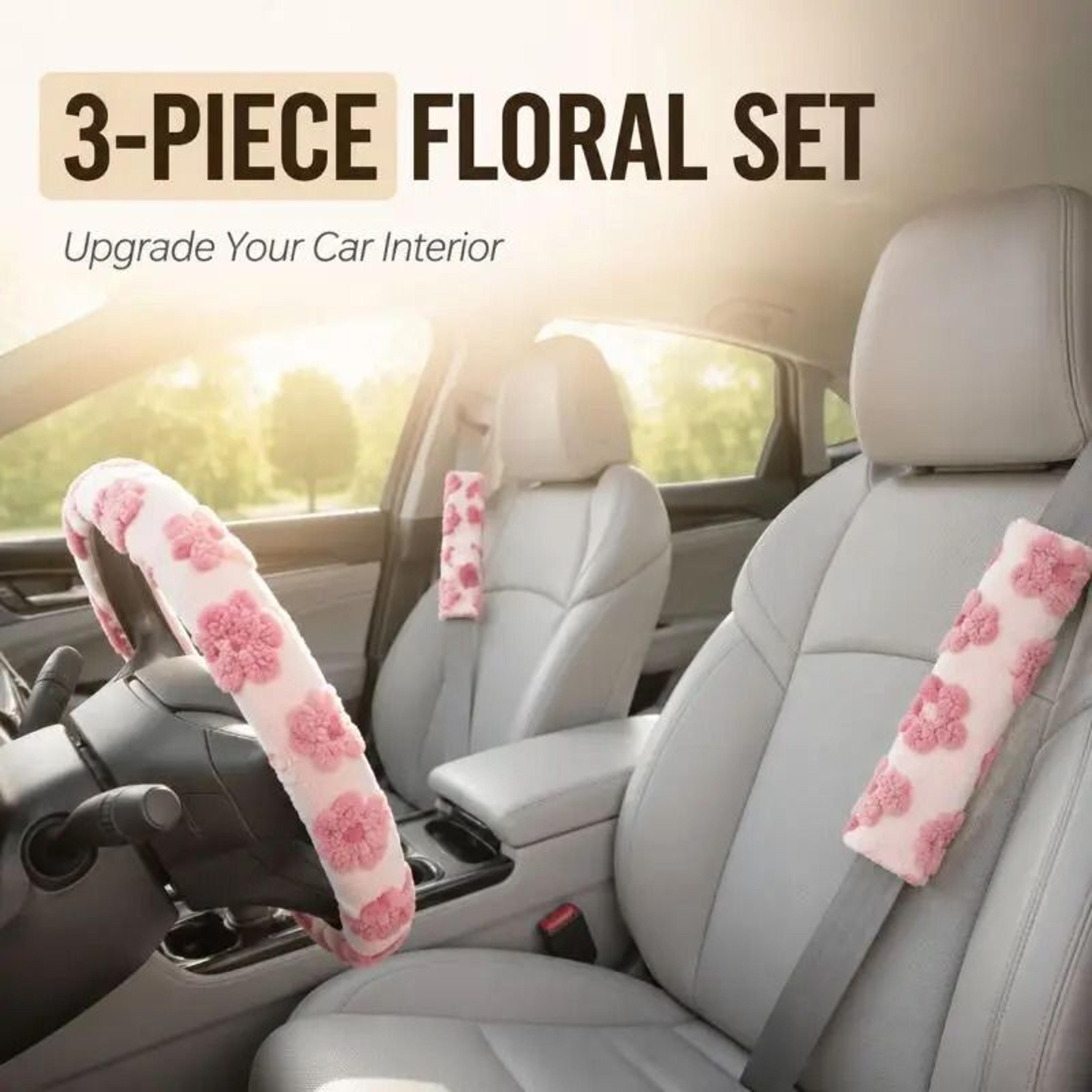 3-piece plush floral steering wheel cover and seat belt pad set