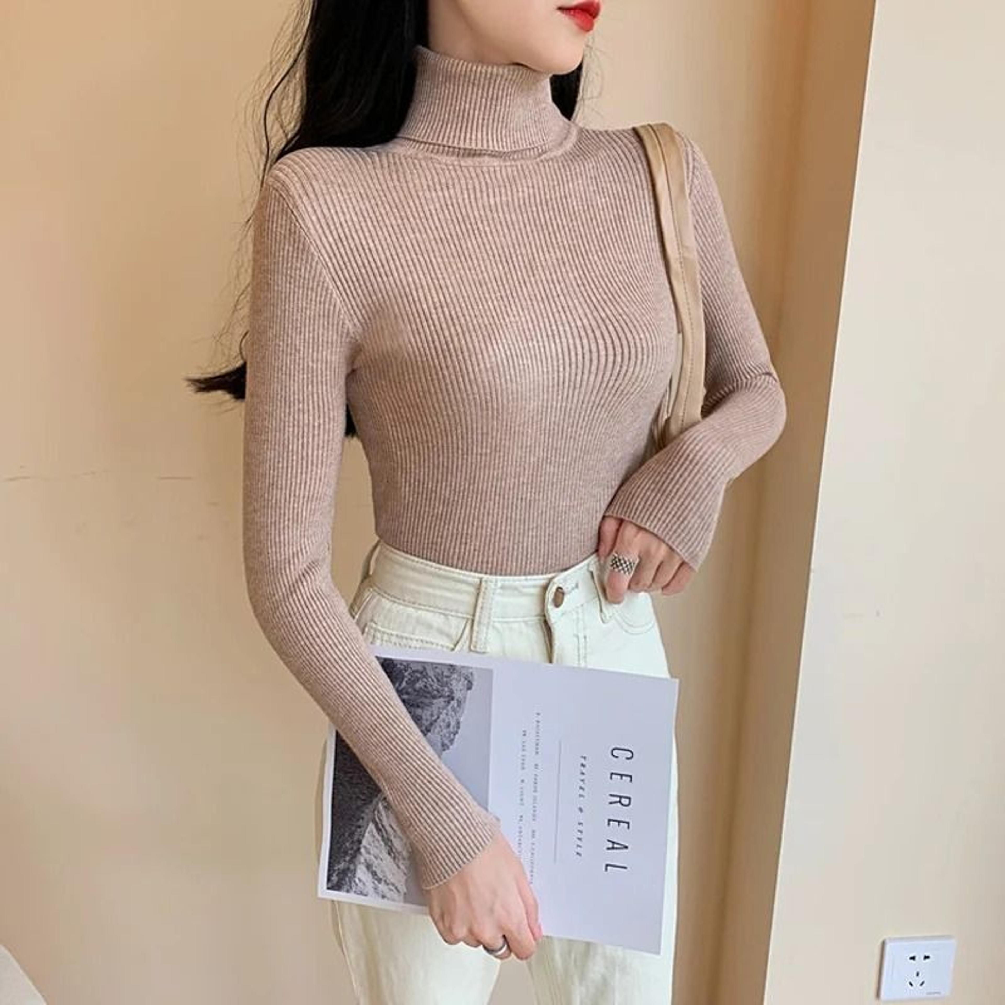 womens ribbed turtleneck sweater soft long sleeve knit pullover