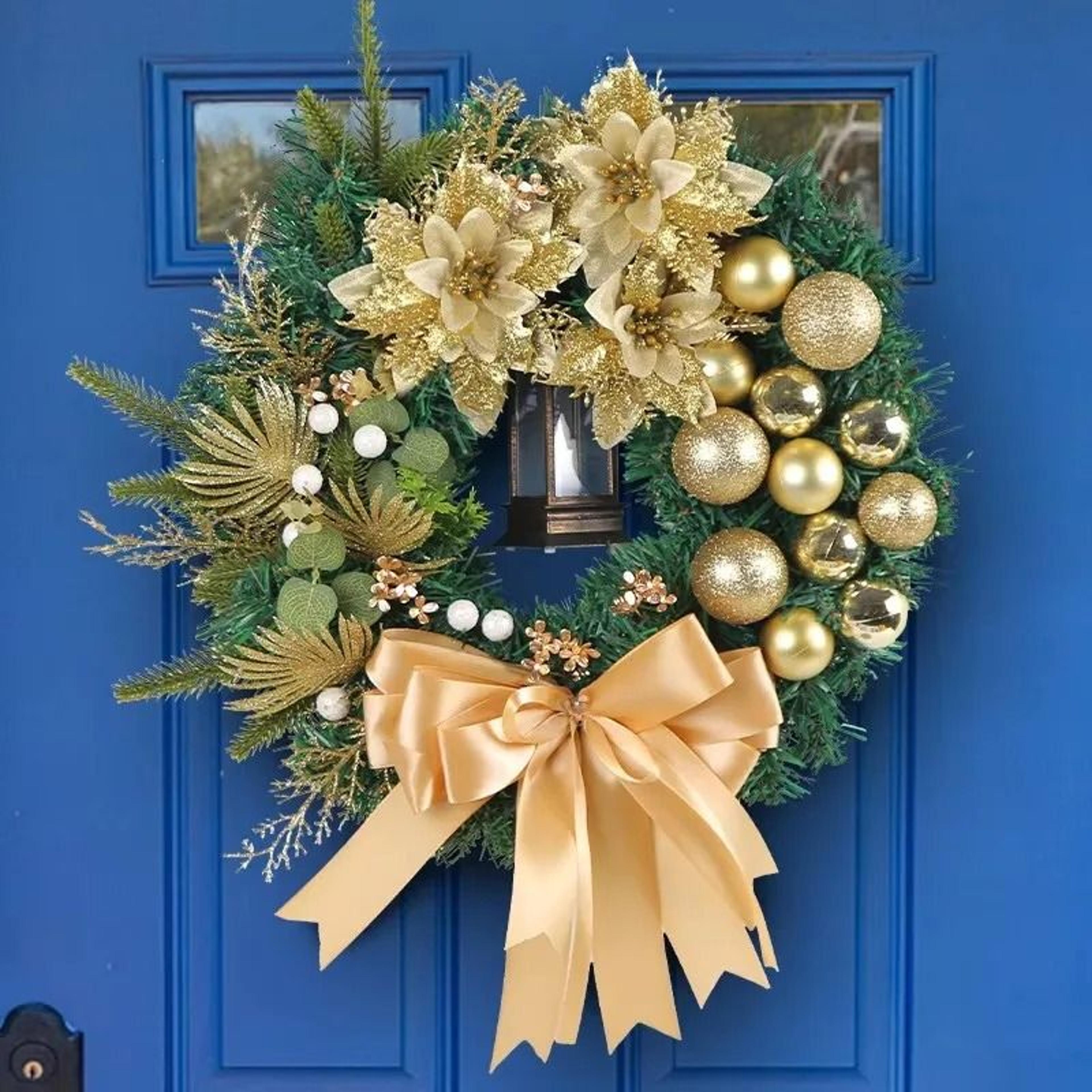 40cm christmas door wreath with lighted lantern and large bow