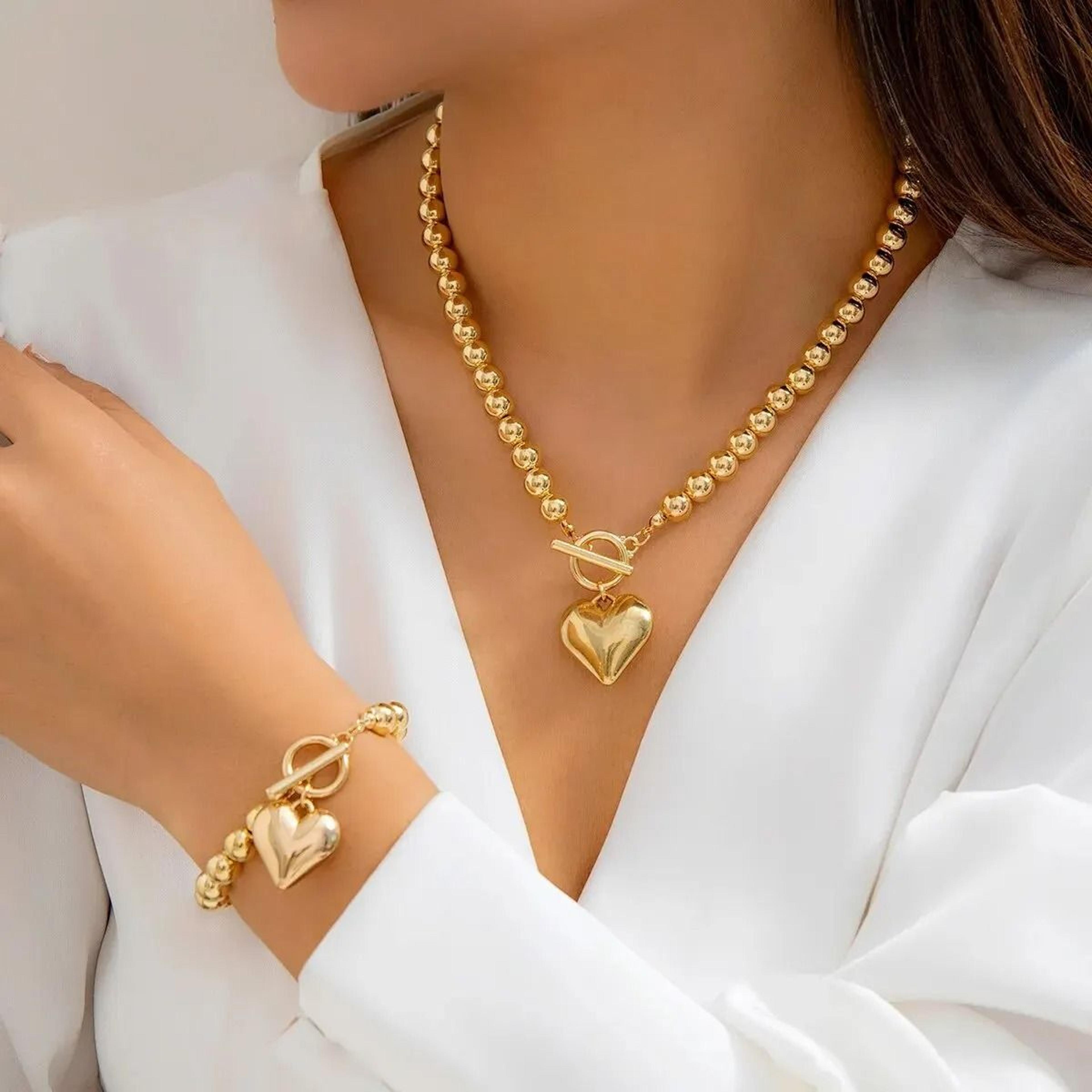 2-piece gold heart jewelry set beaded necklace and bracelet