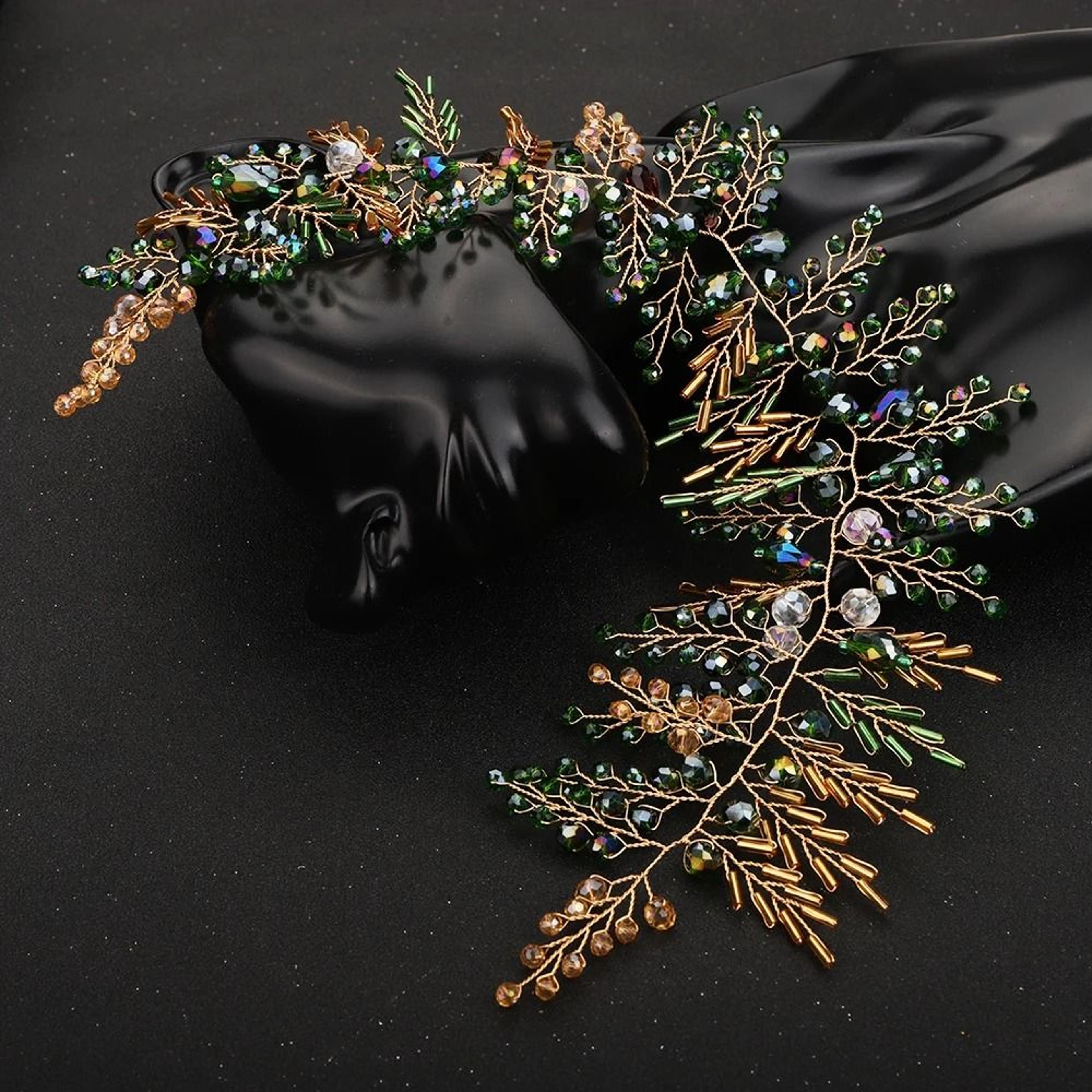 boho green vine bridal headband crystal wedding hair accessory for brides