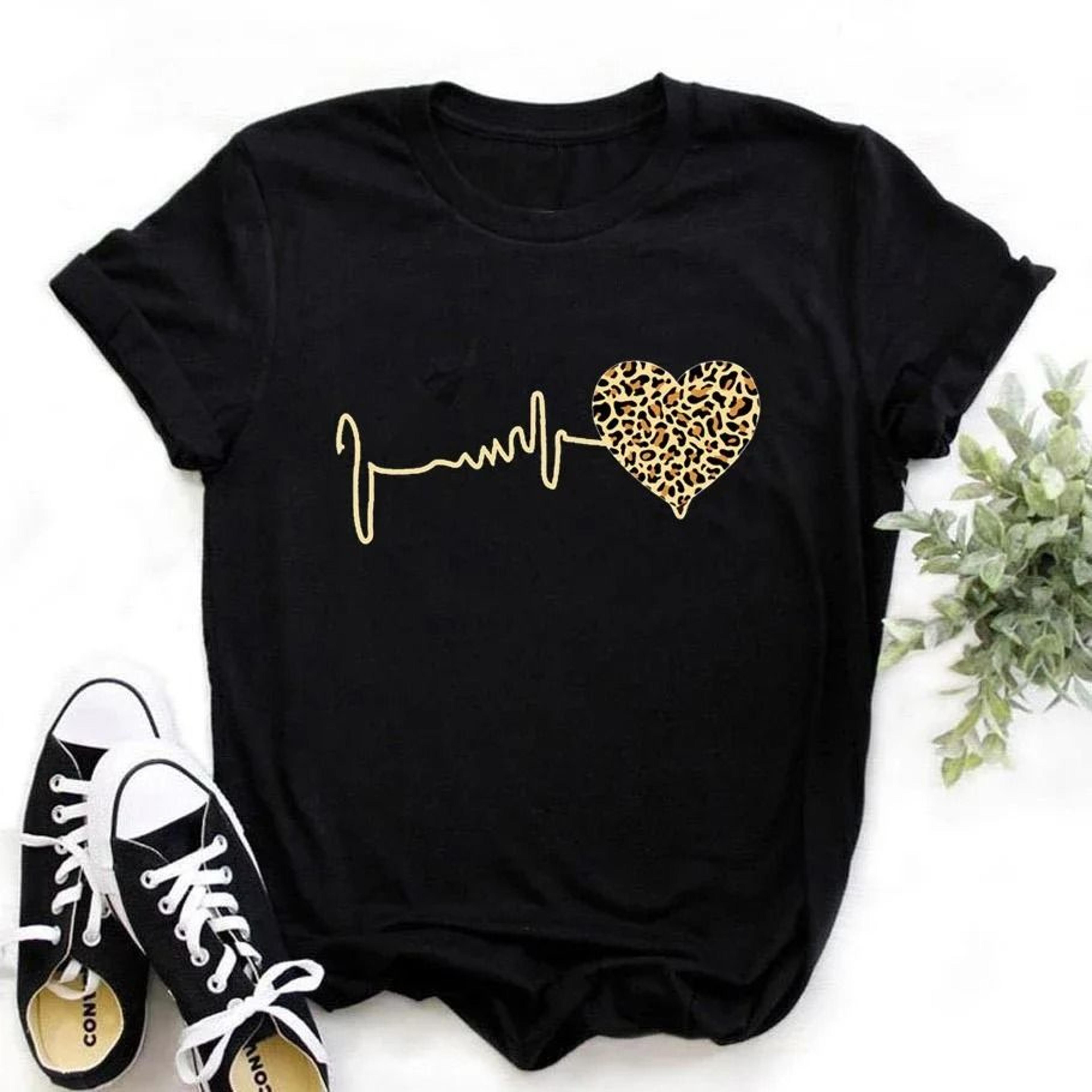 womens leopard heartbeat t-shirt 90s harajuku graphic short sleeve tee