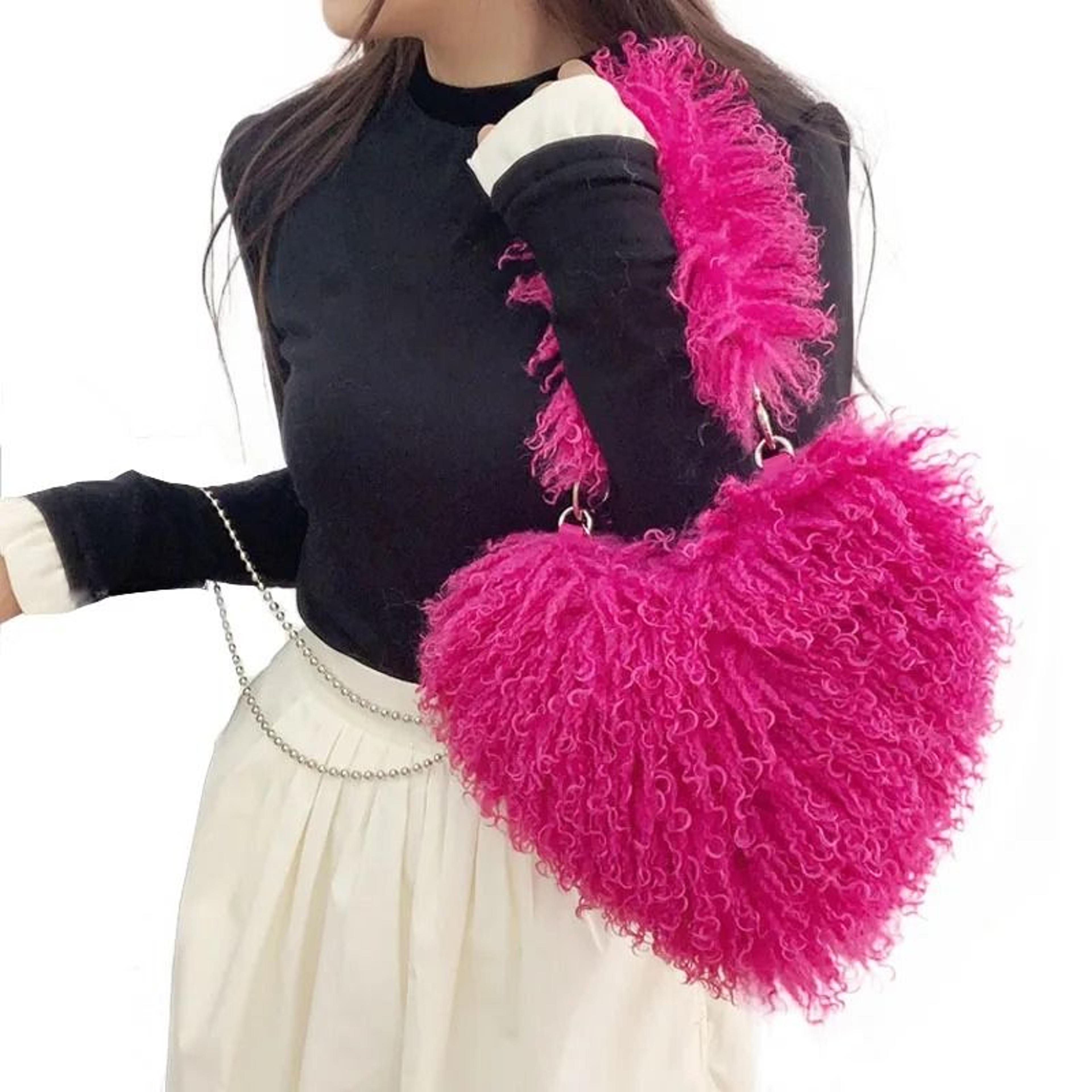 oversized heart shaped faux fur tote bag with long shoulder straps