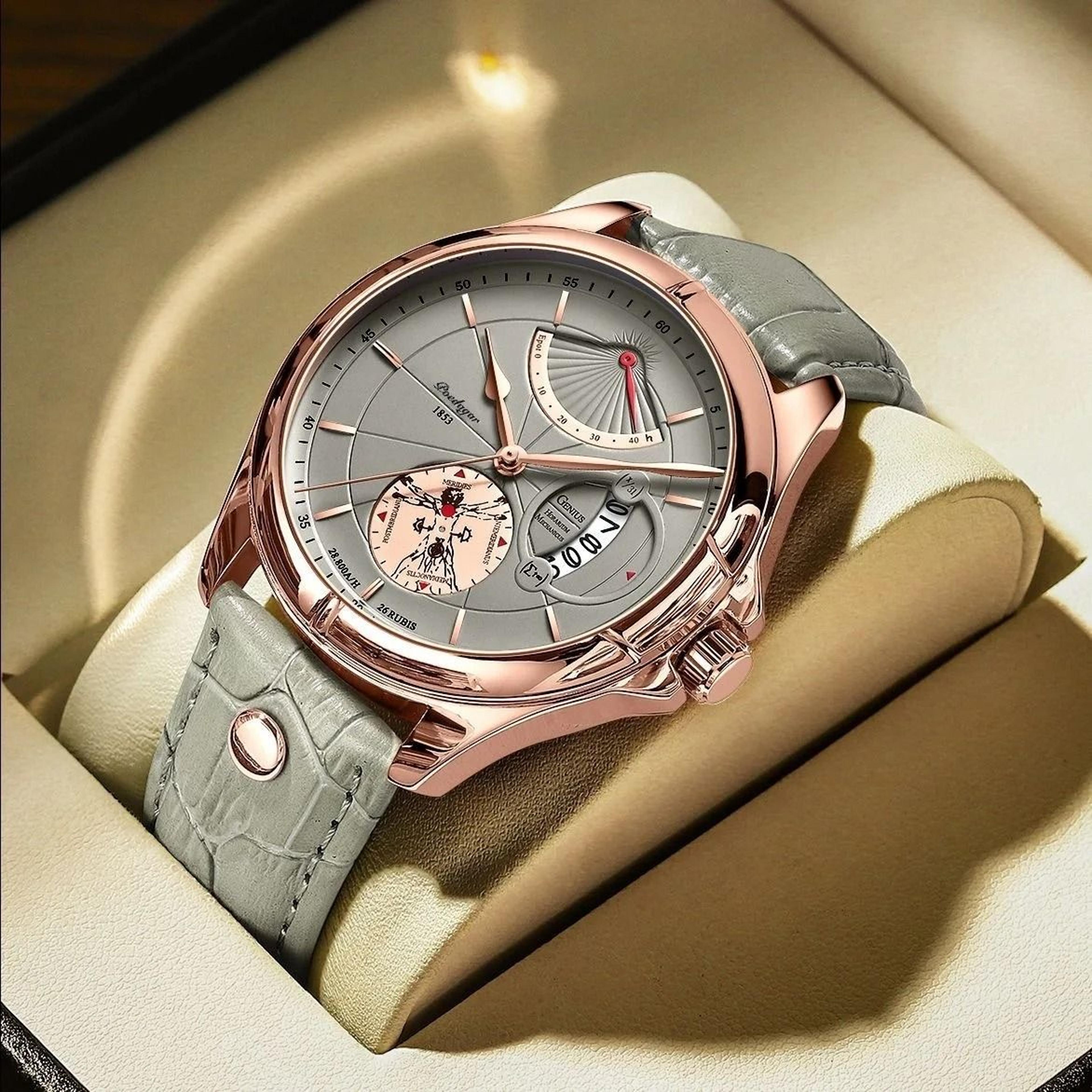 mens luxury business quartz watch with leather strap and luminous date display