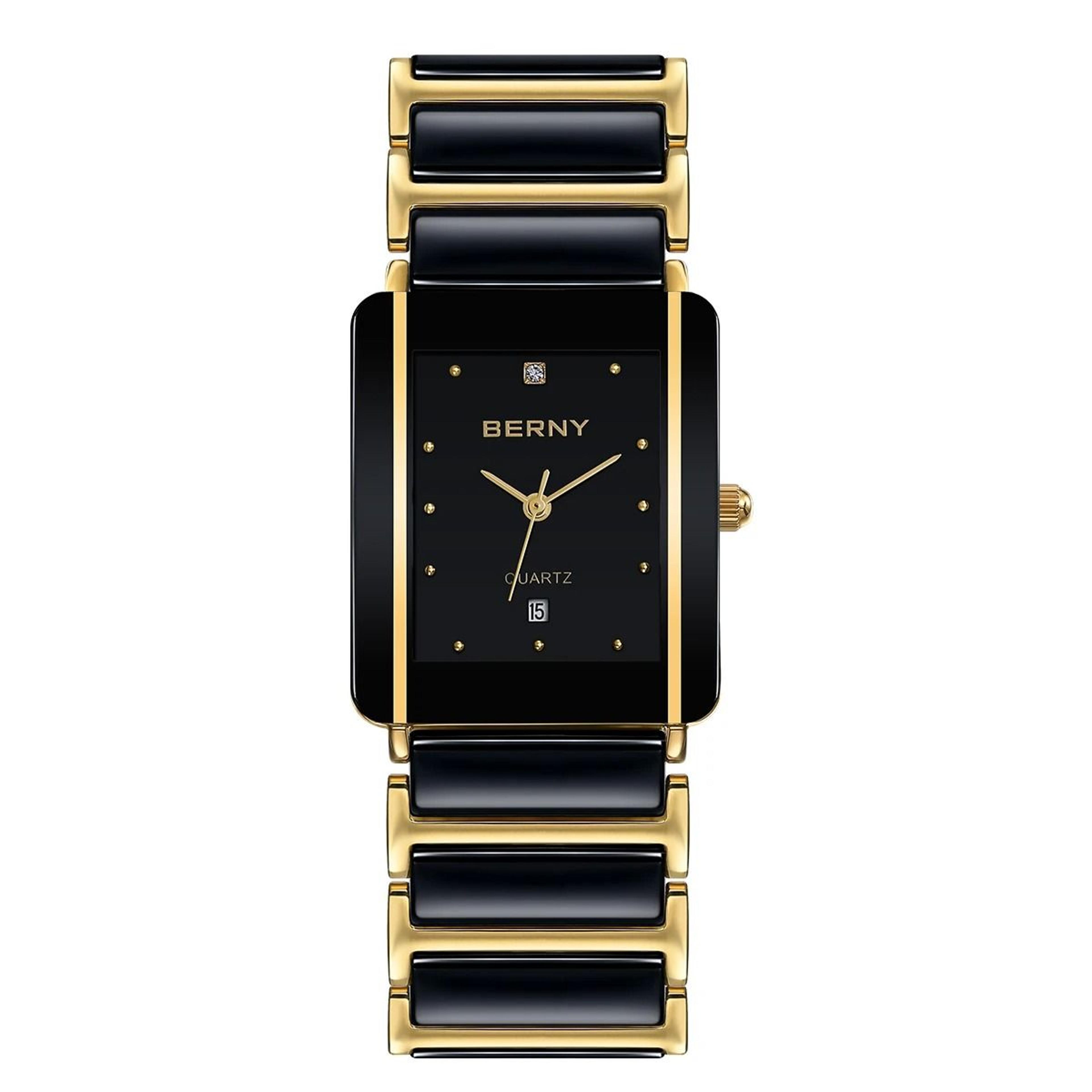 mens rectangular quartz watch black gold ceramic calendar dress watch