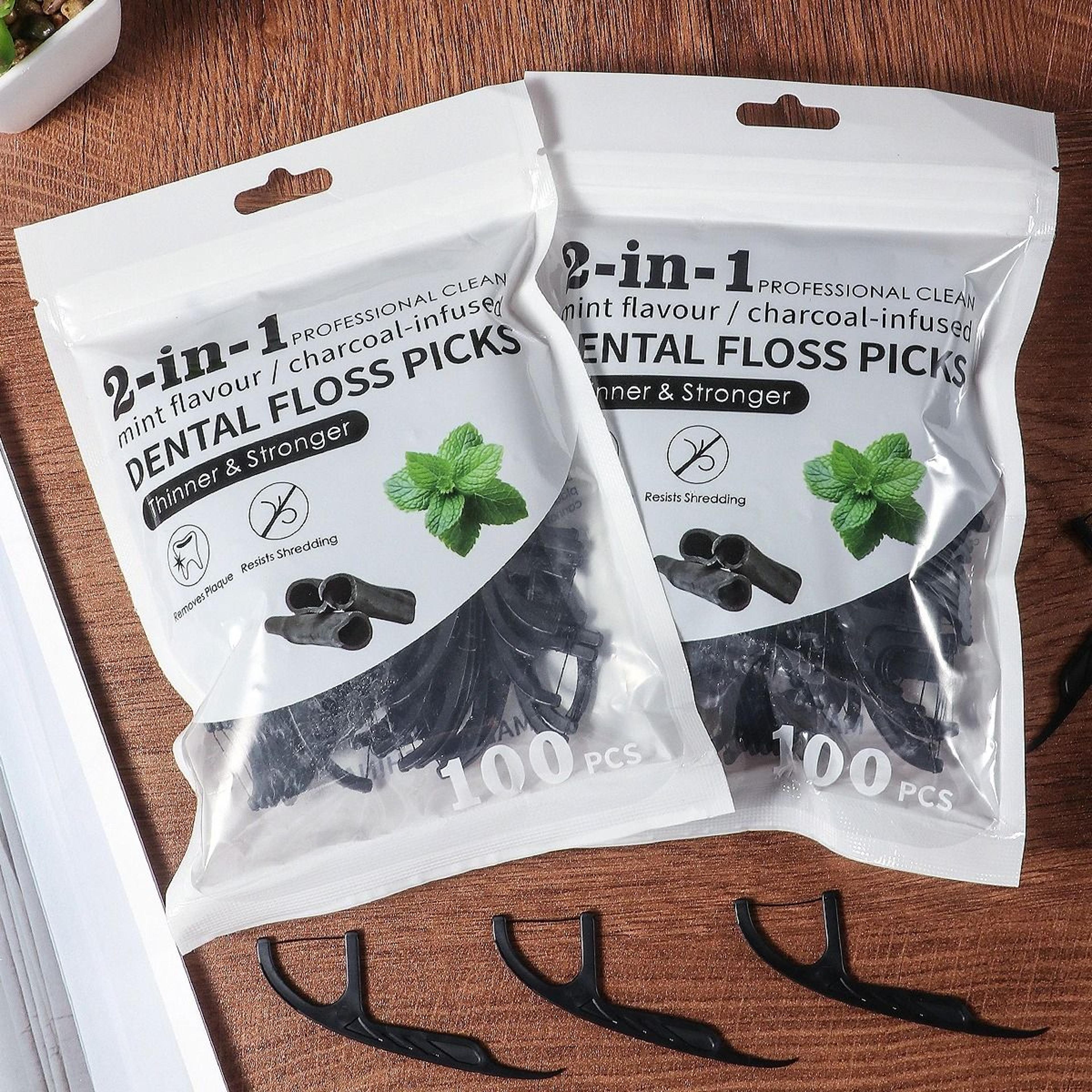 30 to 600pcs bamboo charcoal mint floss picks 2 in 1 dental cleaning sticks