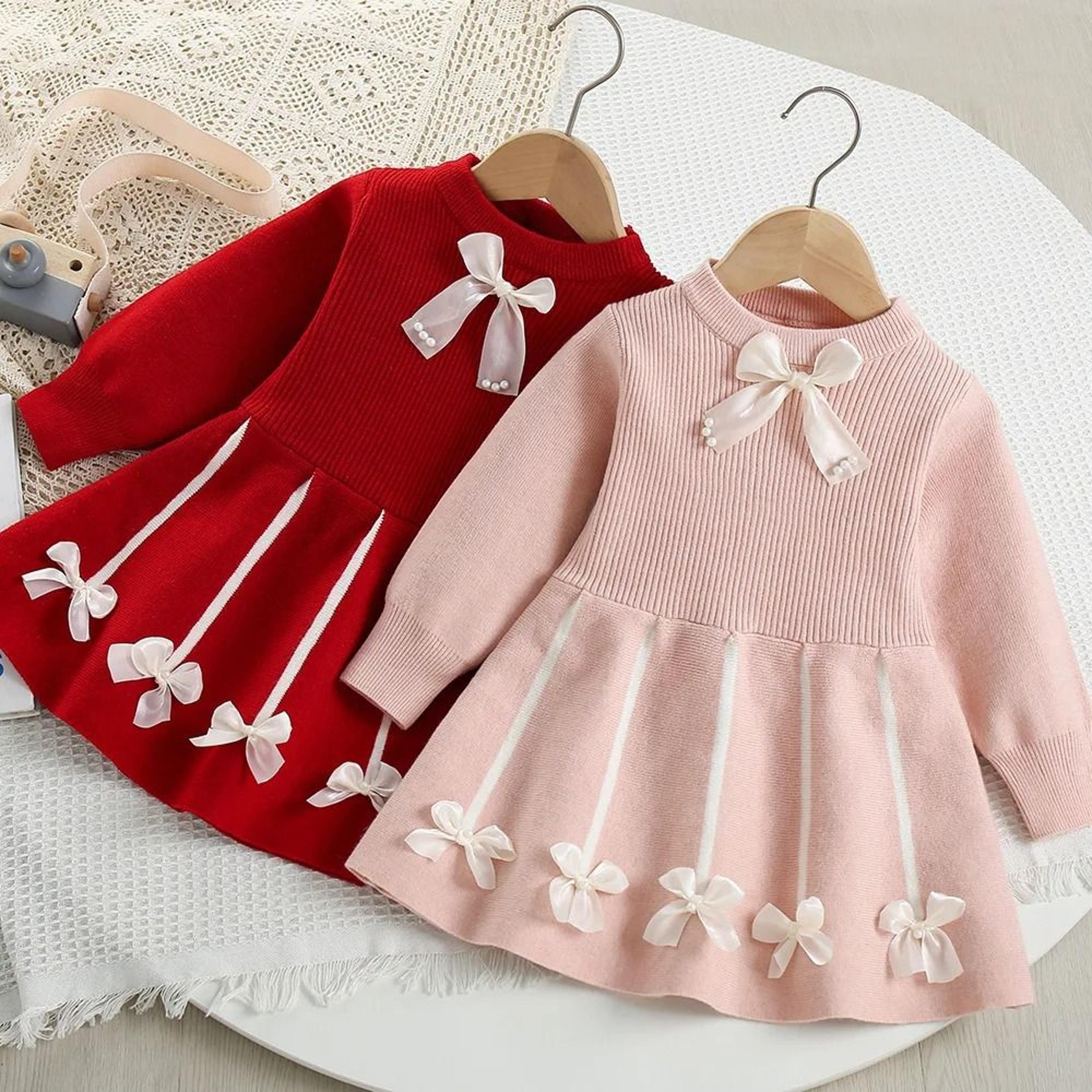 toddler girl princess sweater dress with 3d teddy bear bow