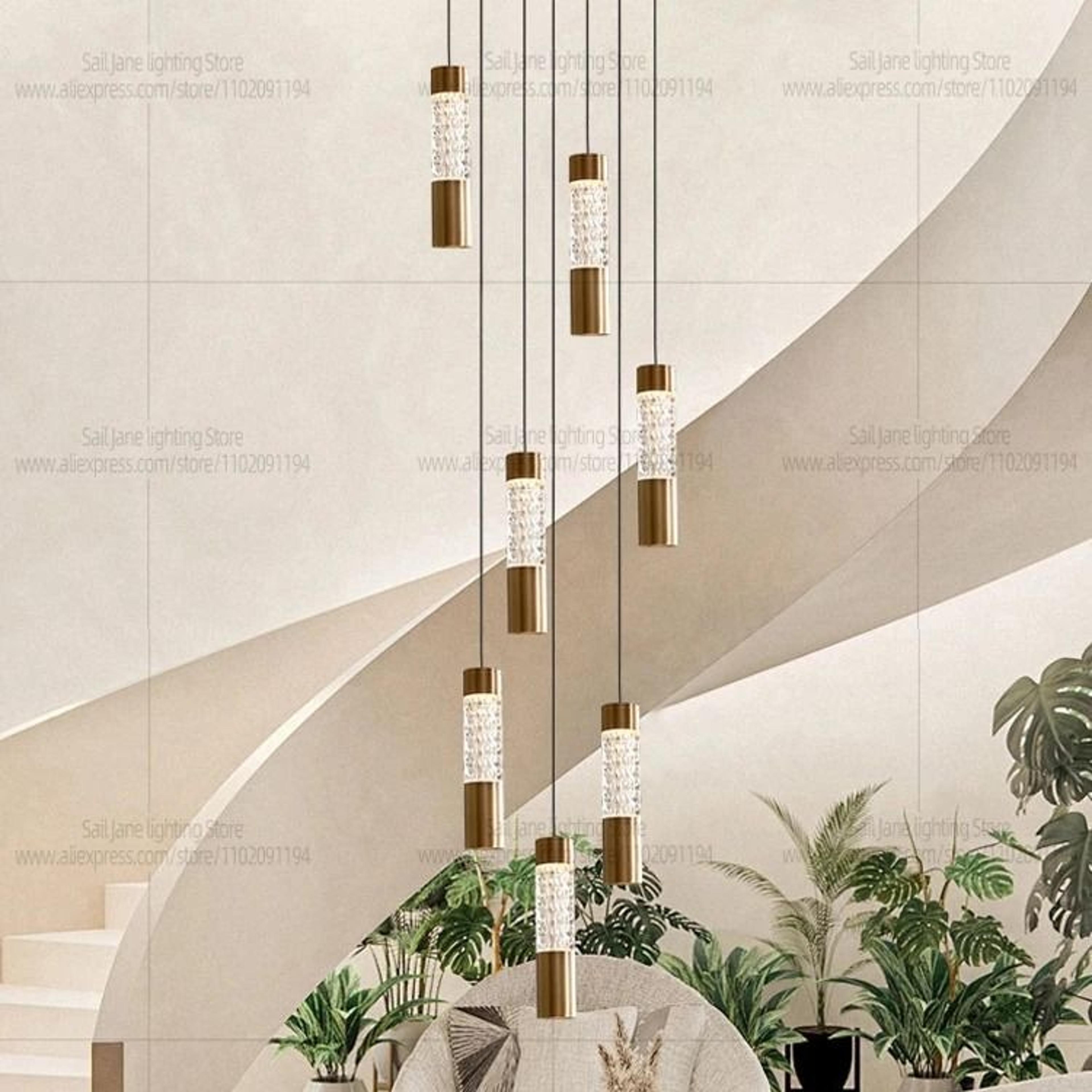 modern gold cylindrical chandelier for luxury staircase and living room lighting