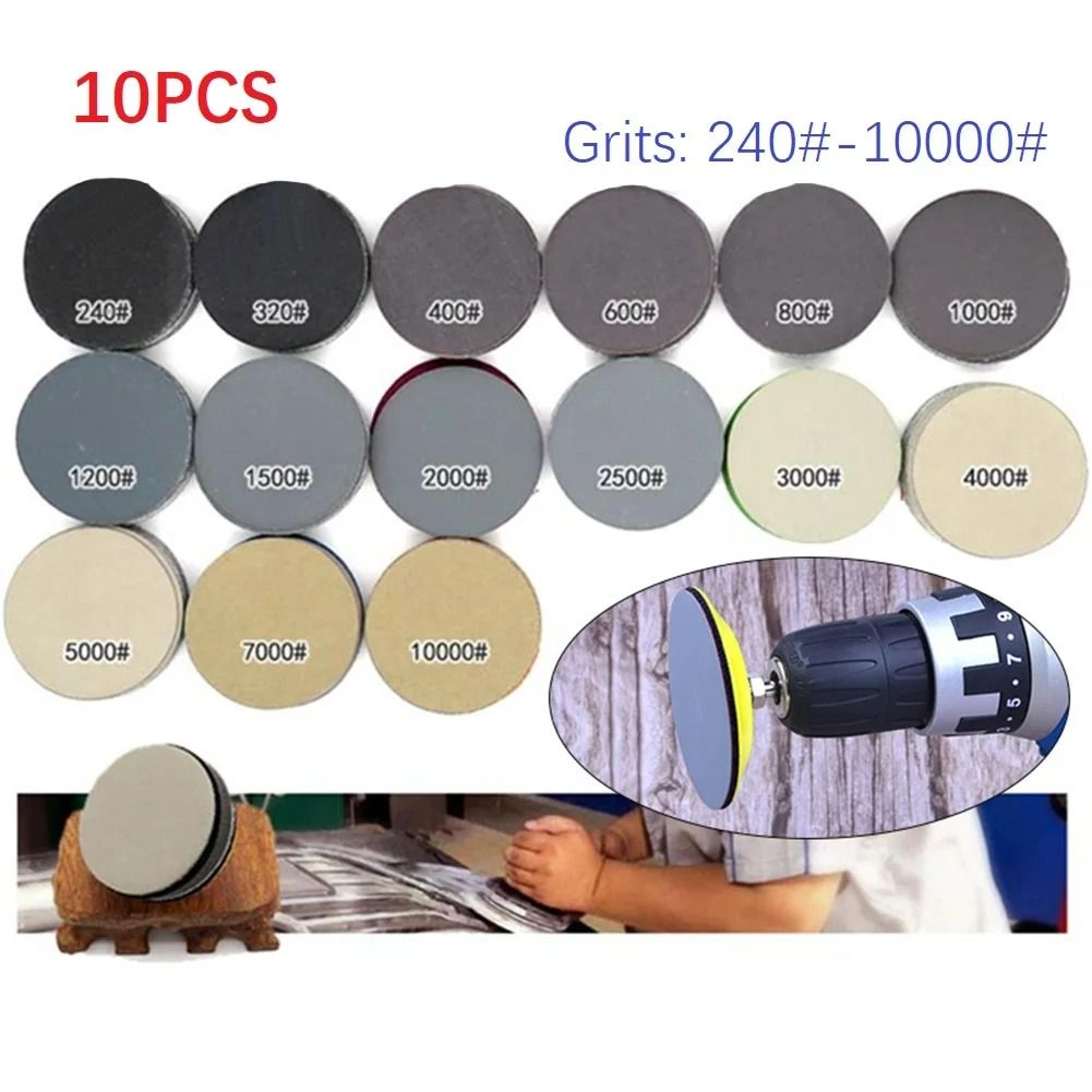 10-piece 3-inch silicon carbide wet and dry sanding discs 240–10000 grit