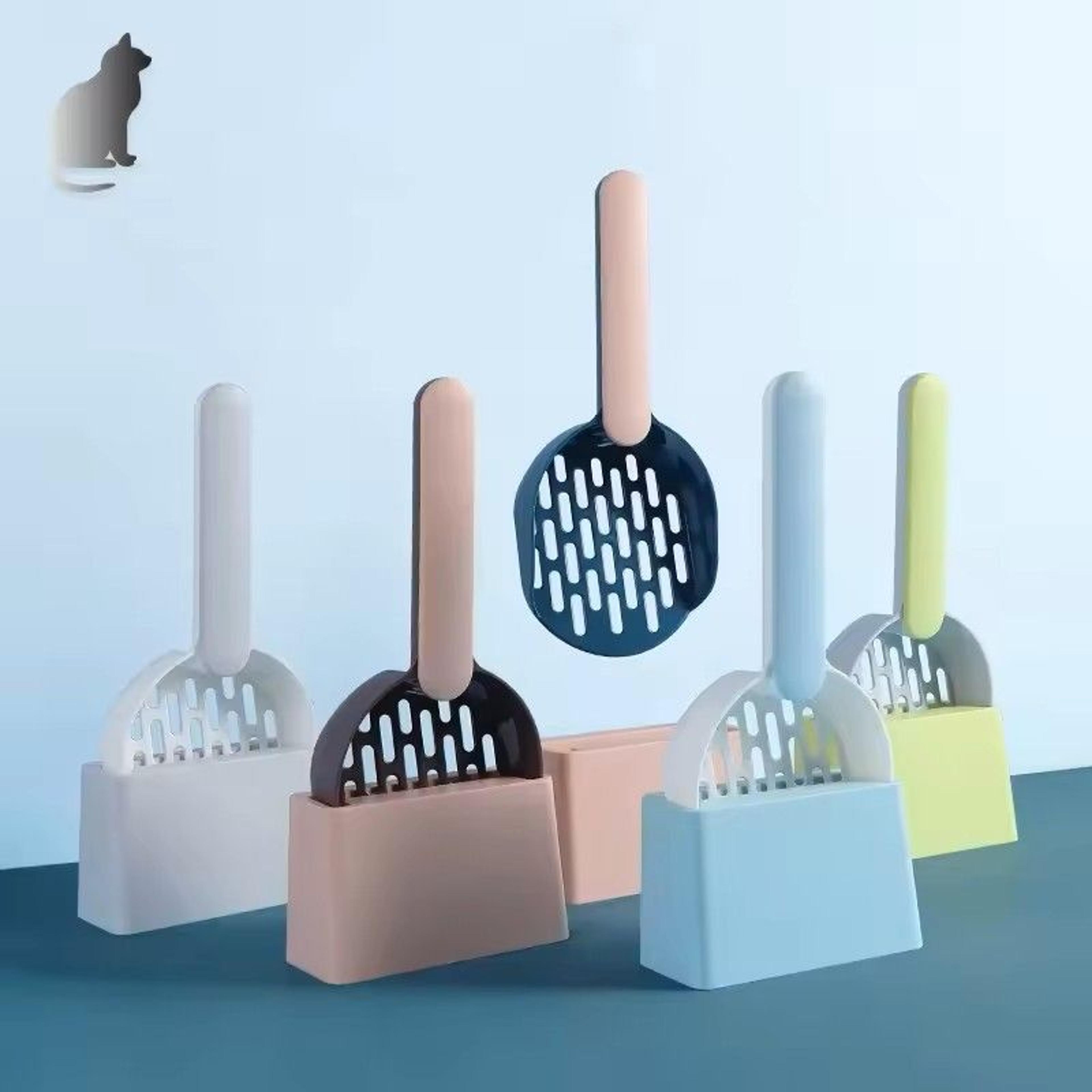 self-cleaning cat litter scoop with base and holder quick-sift shovel for cleaner boxes