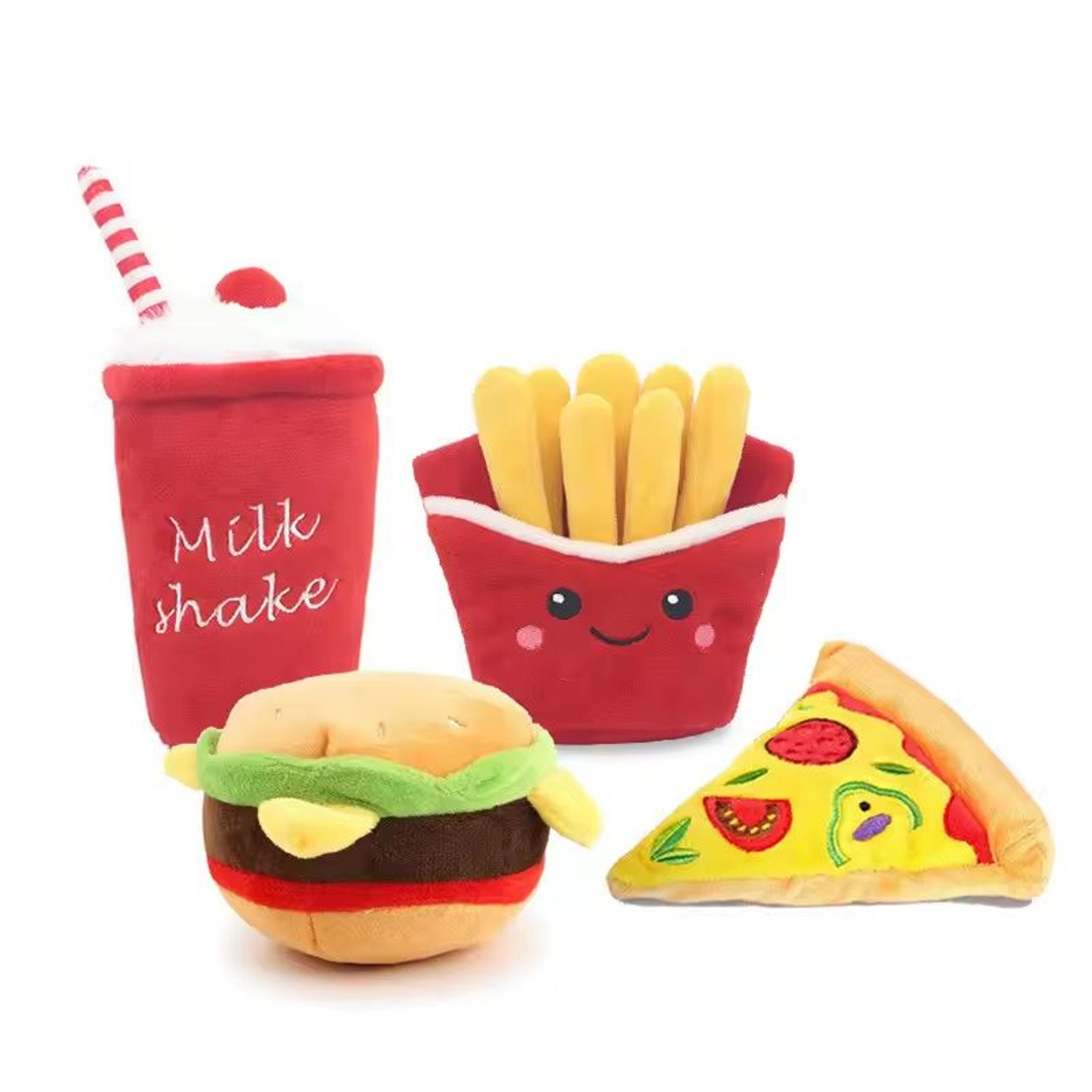 fast-food squeaky plush dog toy (burger, fries, pizza, or milkshake) for chewing & play