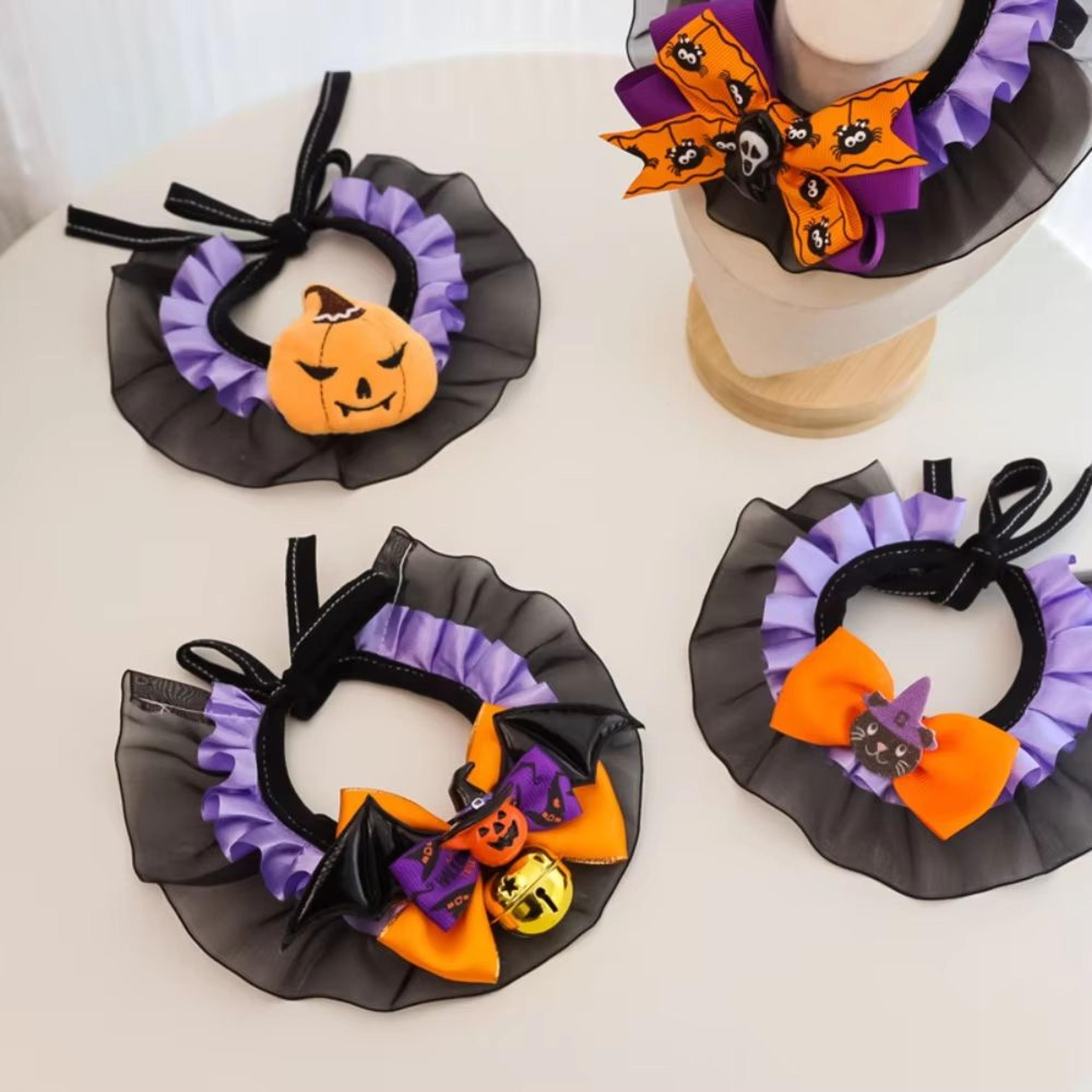 halloween pet collar bandana with pumpkin bow, lace trim & bat wings (adjustable sizes)