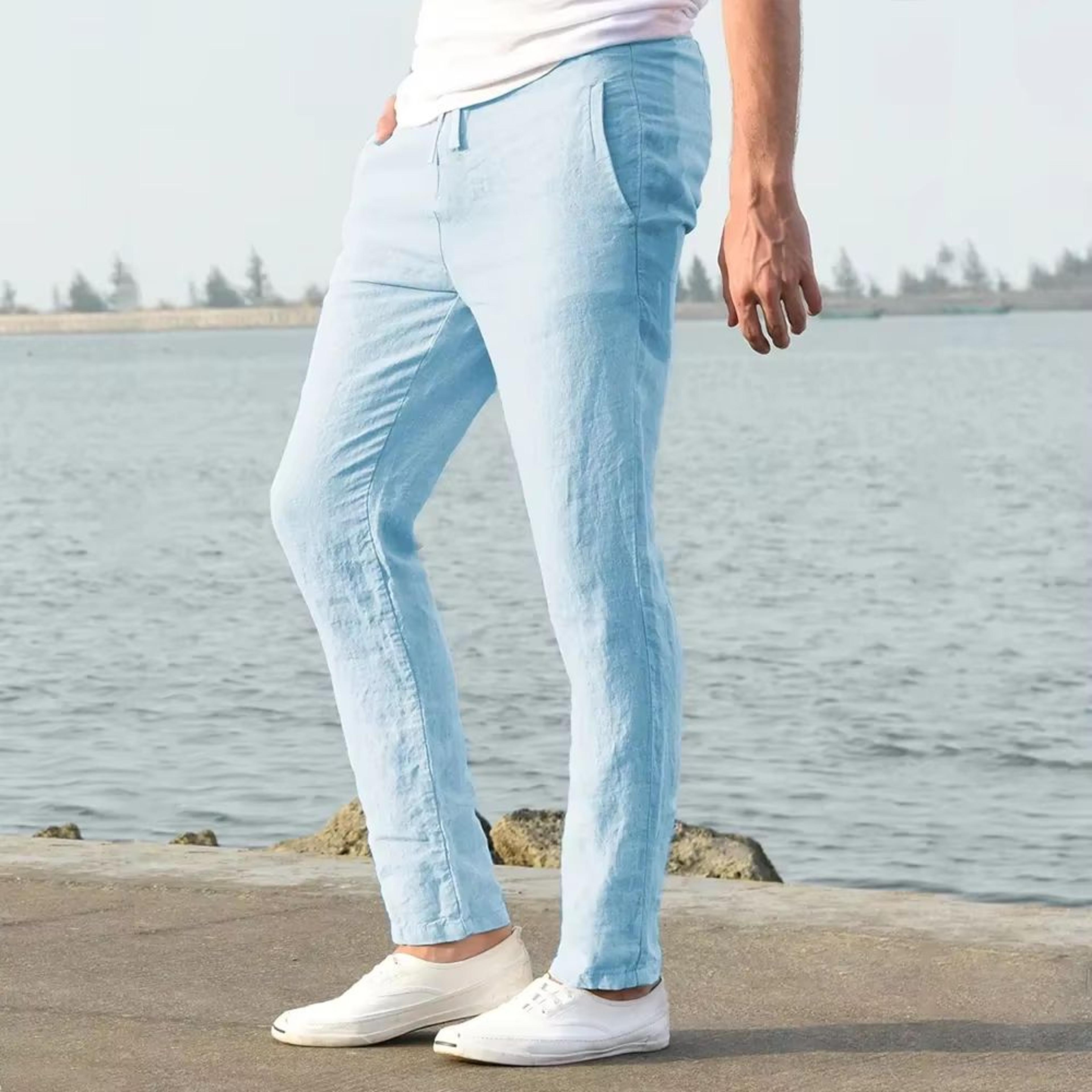 mens cotton-linen elastic waist trousers breathable casual streetwear