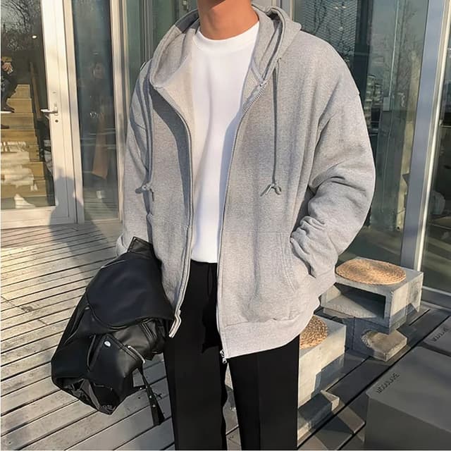 Mens High Street Hoodie ZipUp Jacket Loose Fit Solid Color 0