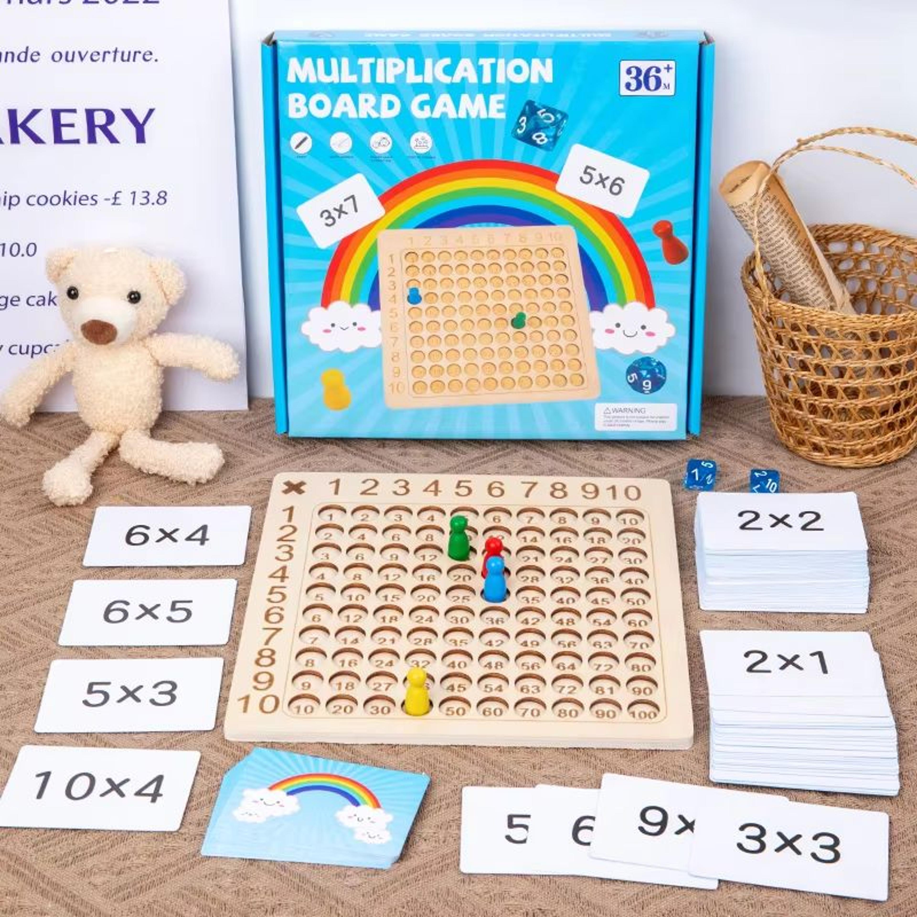 wooden multiplication board game with cards & dice – montessori math toy for kids