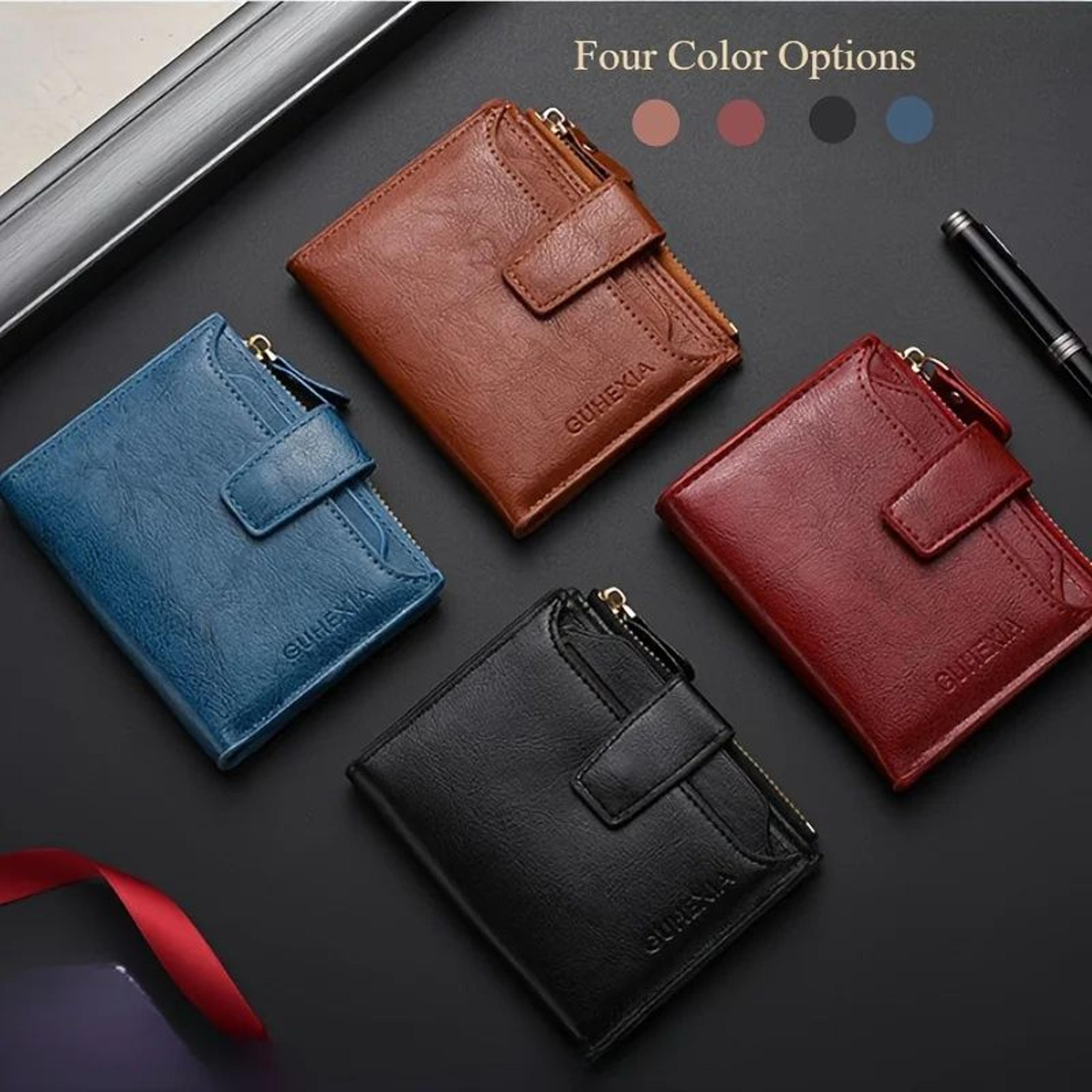 men vintage leather wallet - large capacity billfold with zipper coin pocket & id window