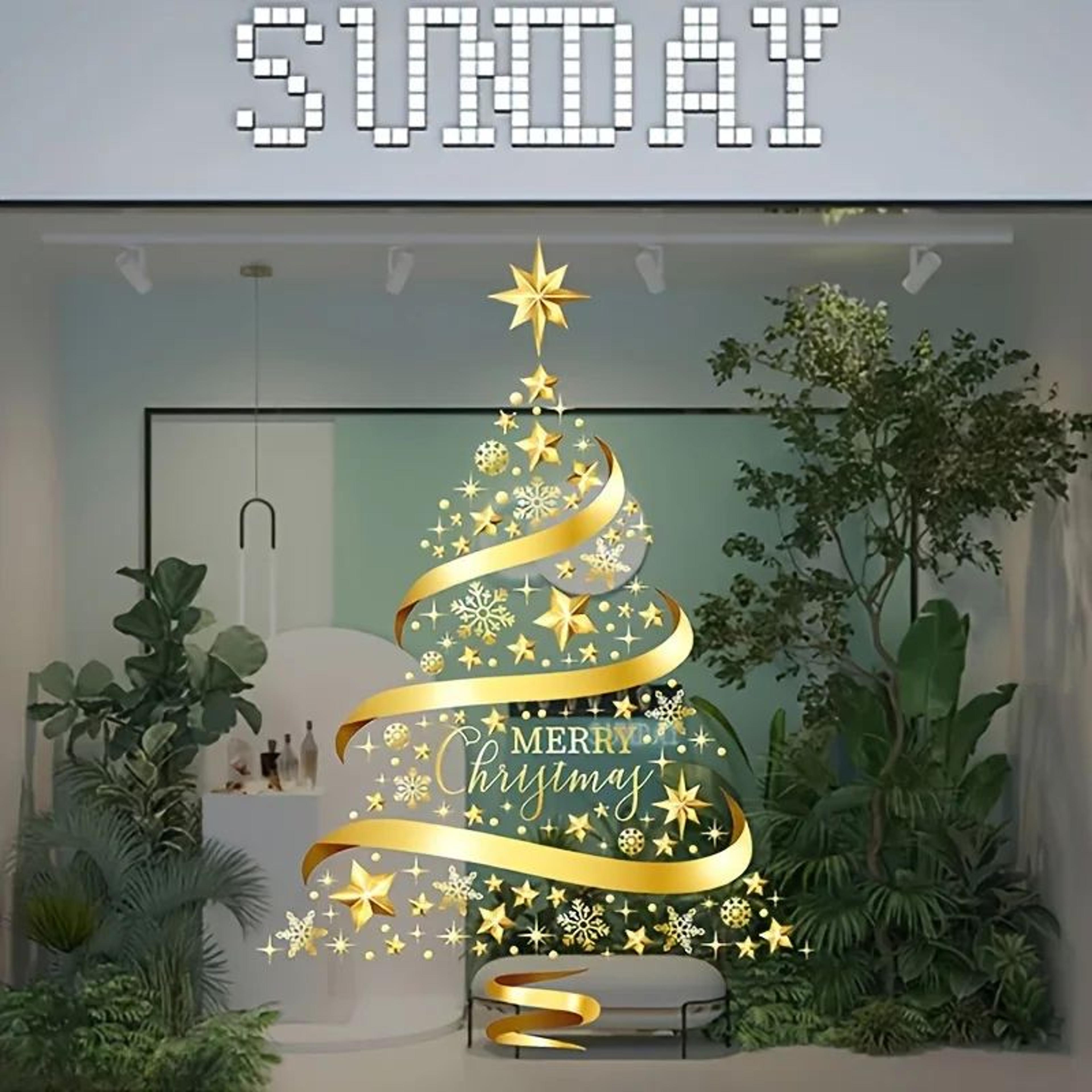 golden christmas garland window stickers – festive snowflake glass decals for holiday decor