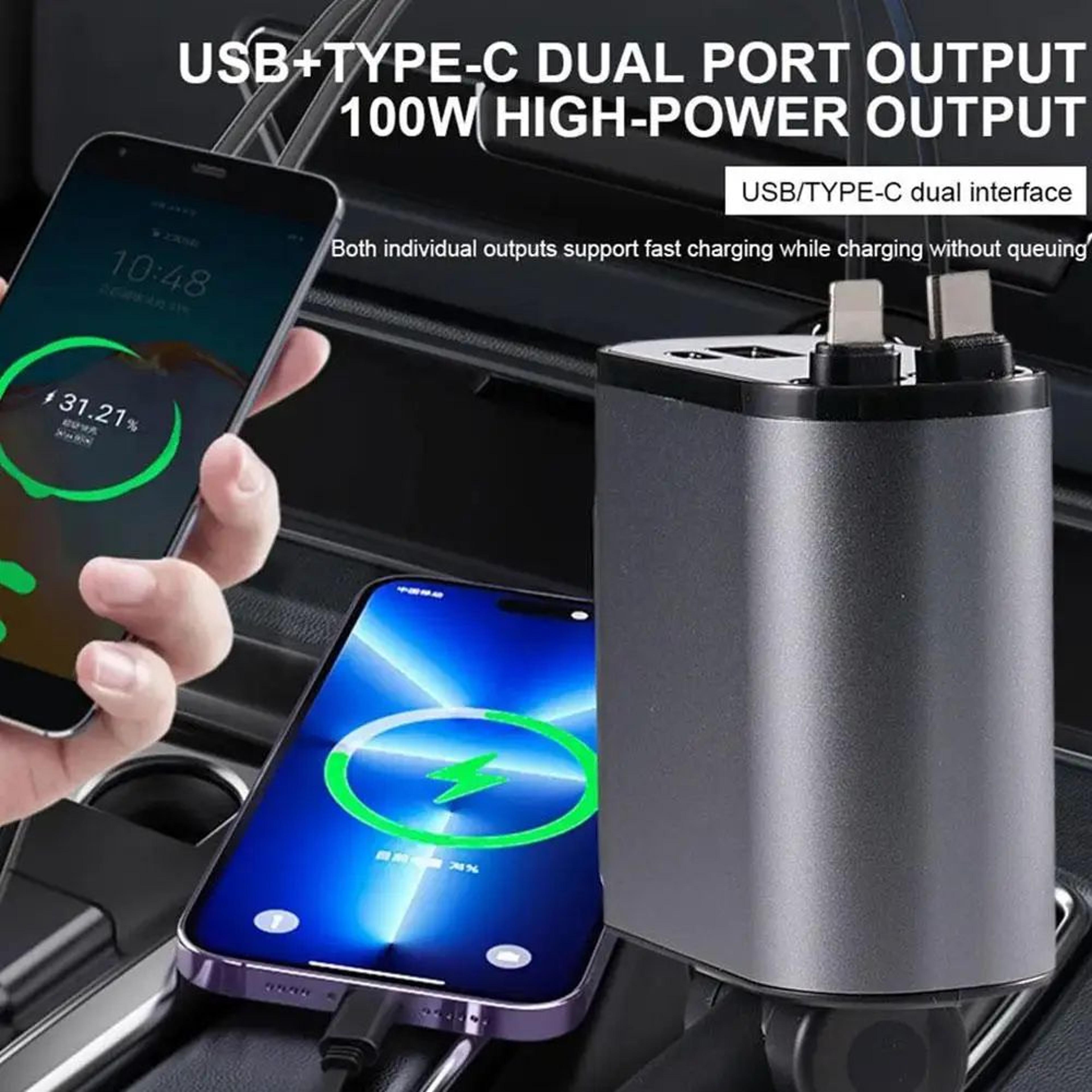 powerroll 100w car charger - 4-in-1 retractable car charger with usb-c fast charging