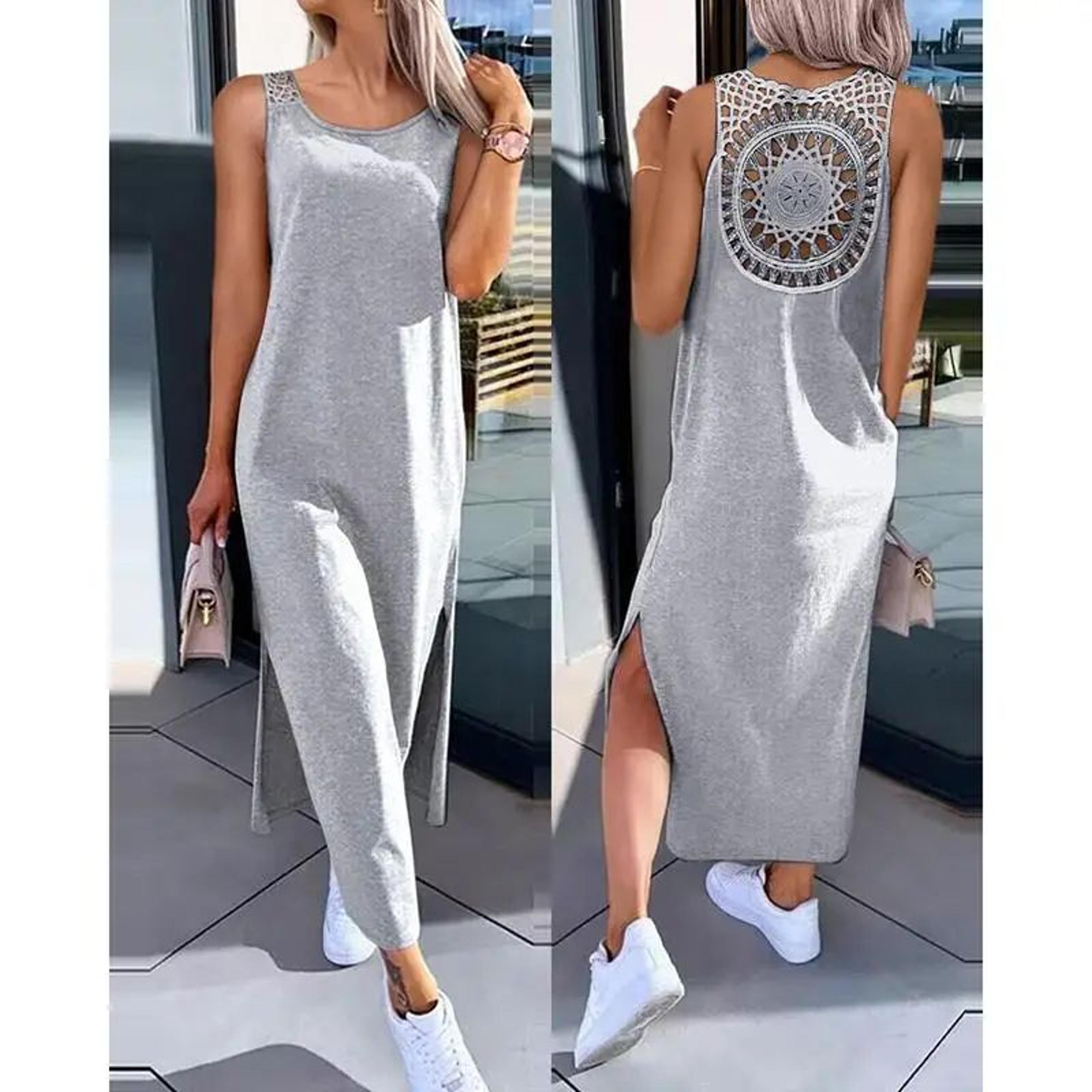 sleeveless midi summer dress – flowy hollow casual slit dress for women