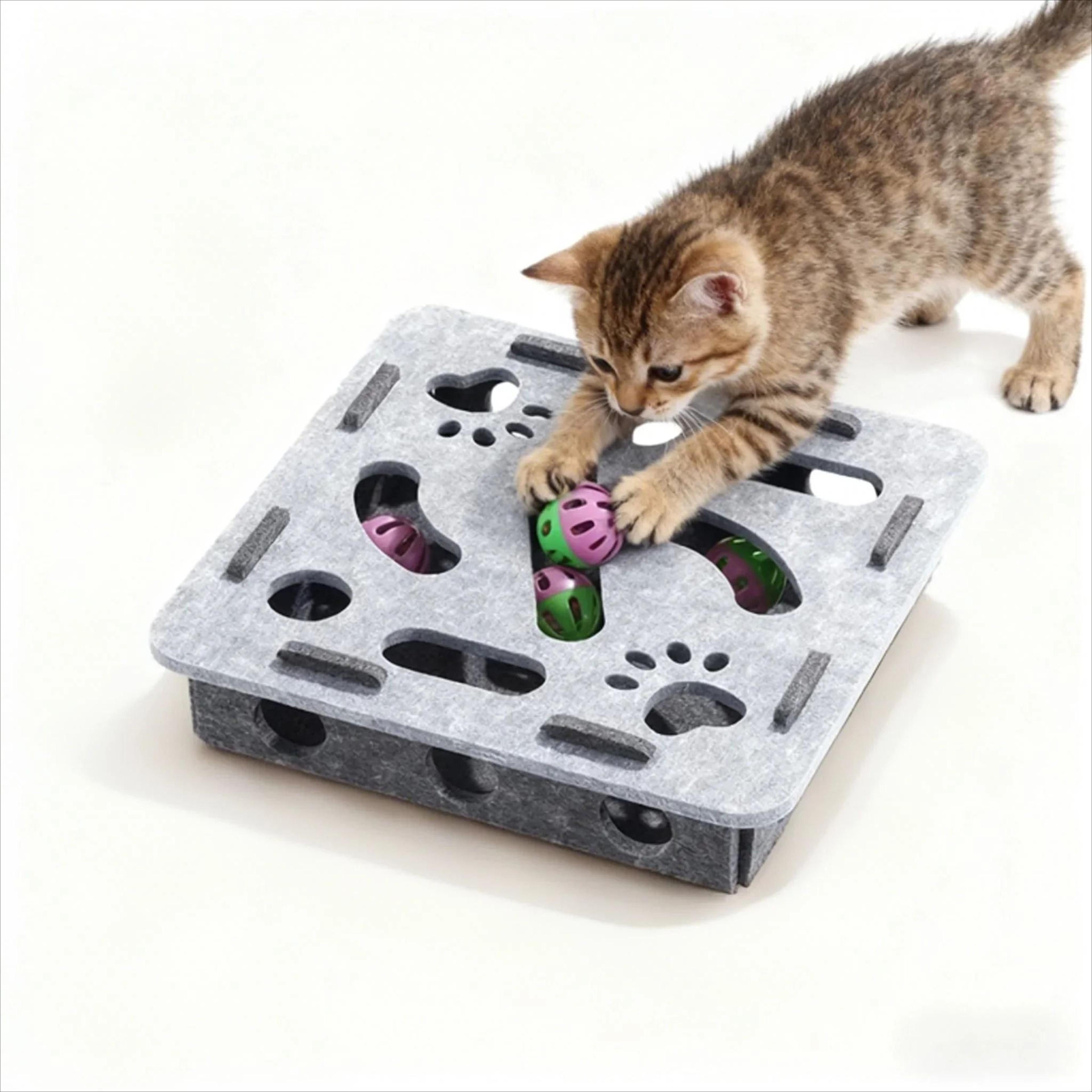 huntbox play lab – indoor cat puzzle toy felt exercise box with ball for interactive play