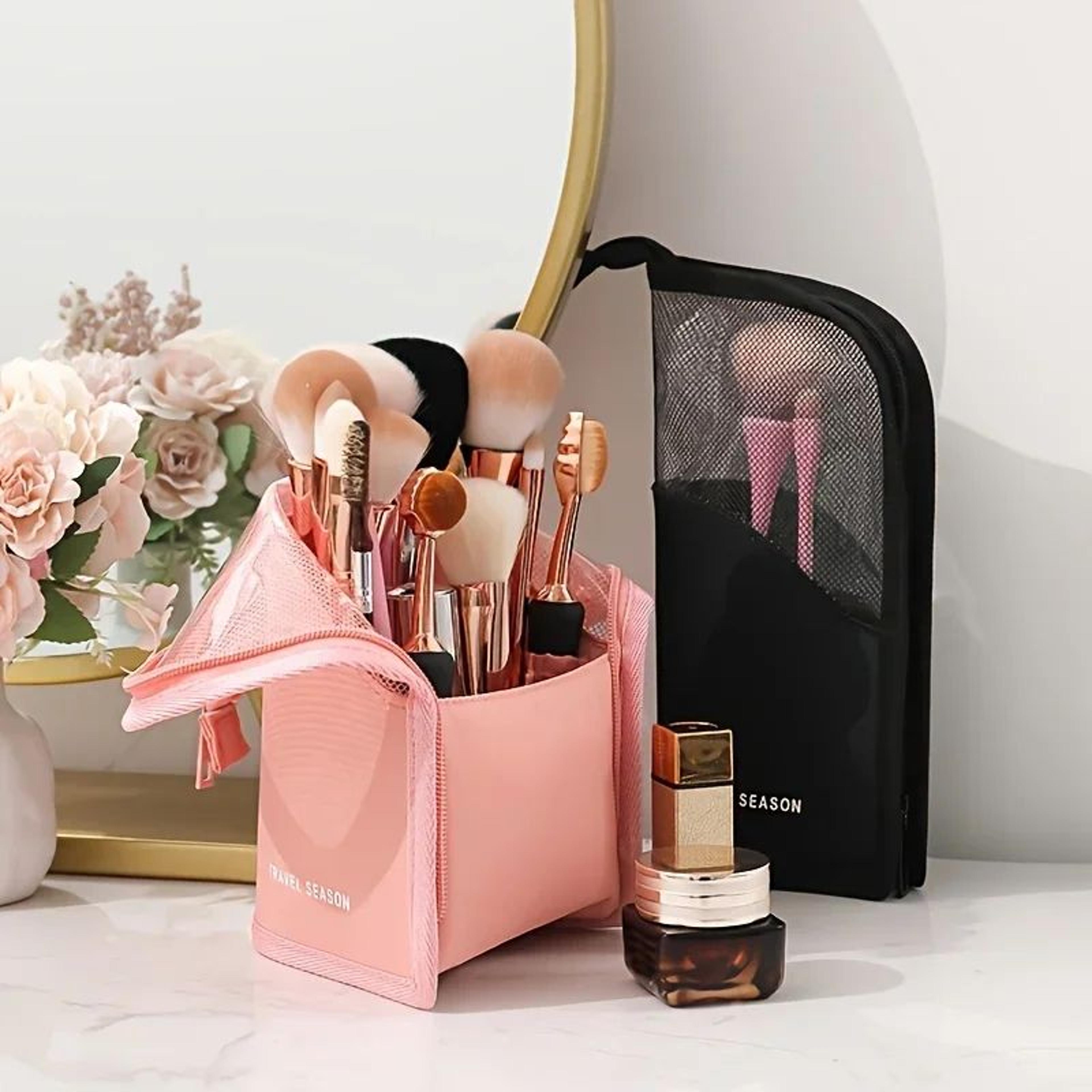 prostand makeup brush organizer bag – large capacity makeup bag with standing zipper & clear panels