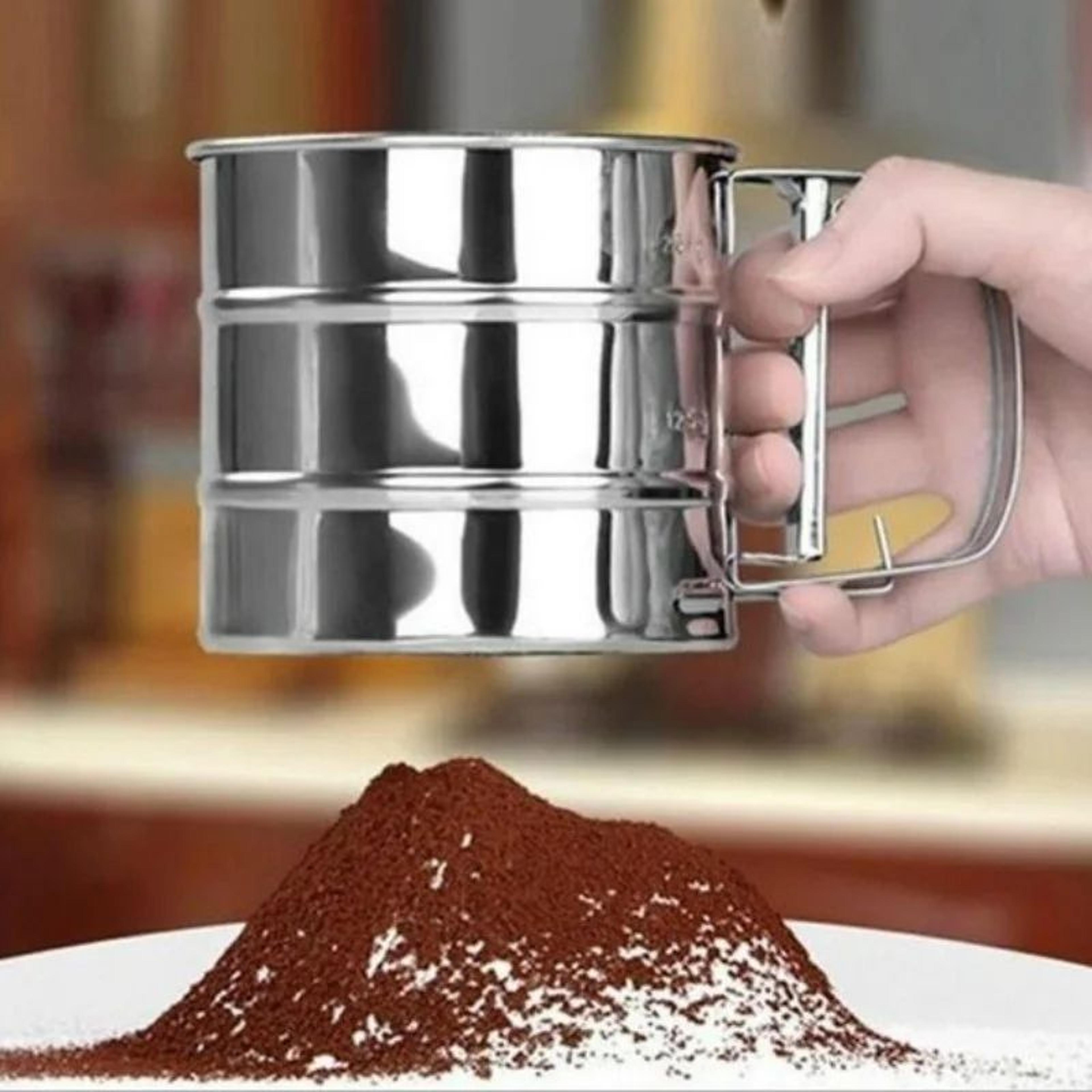premium stainless steel handheld flour sieve – easy-grip baking sifter cup for smooth, clump-free dry ingredients
