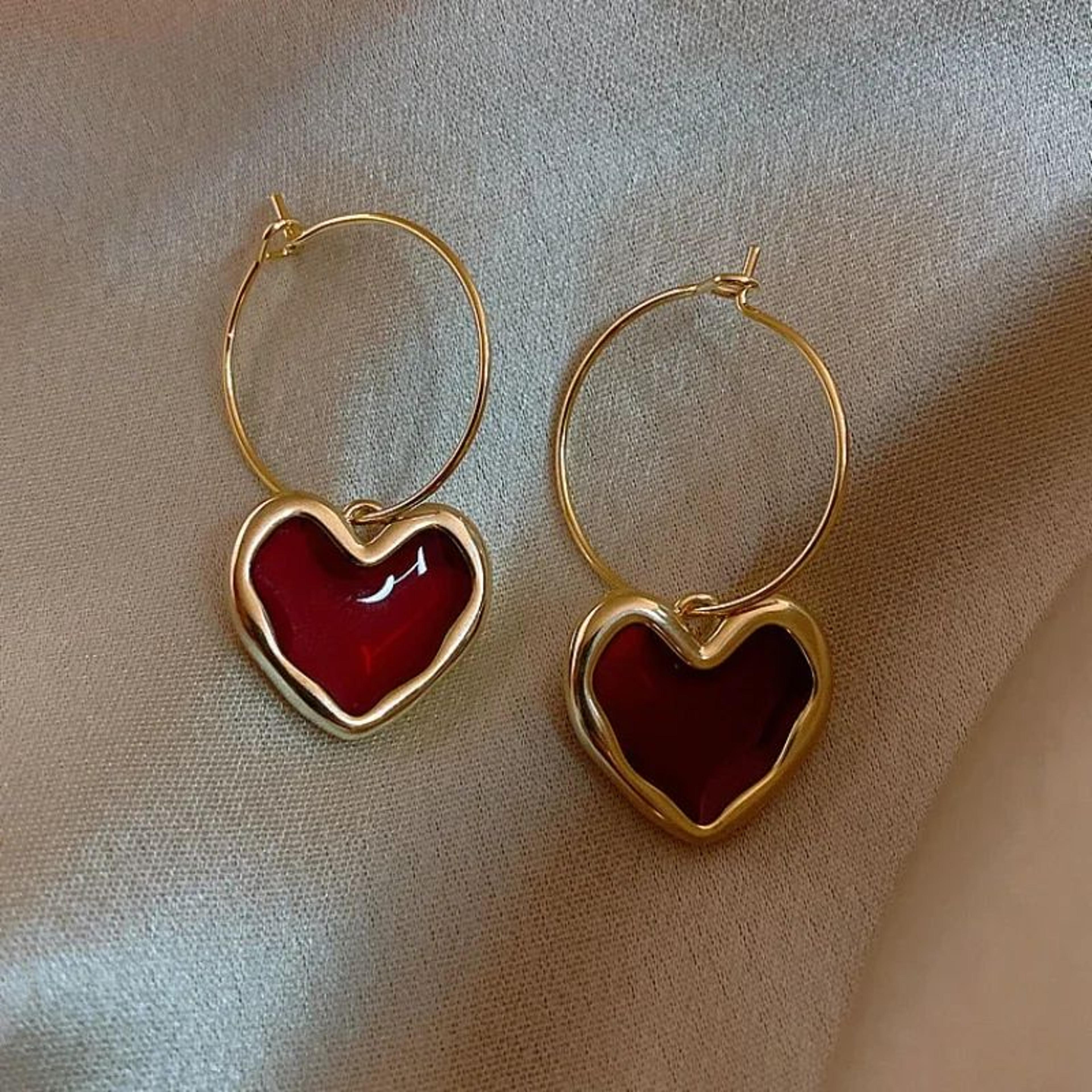 velvet wine red heart earrings – elegant heart shaped earrings for women