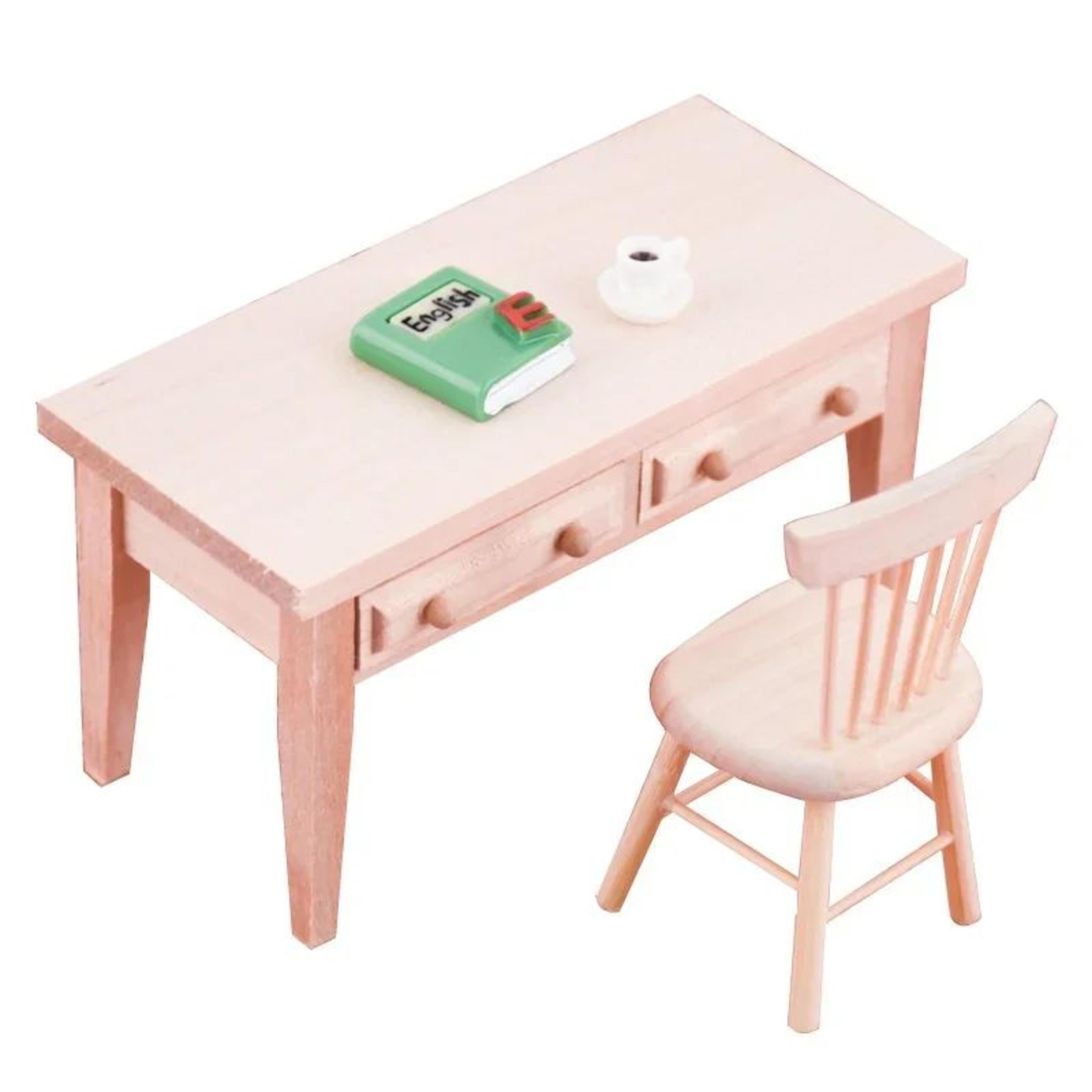 miniature dollhouse study desk with books – realistic tiny furniture decor