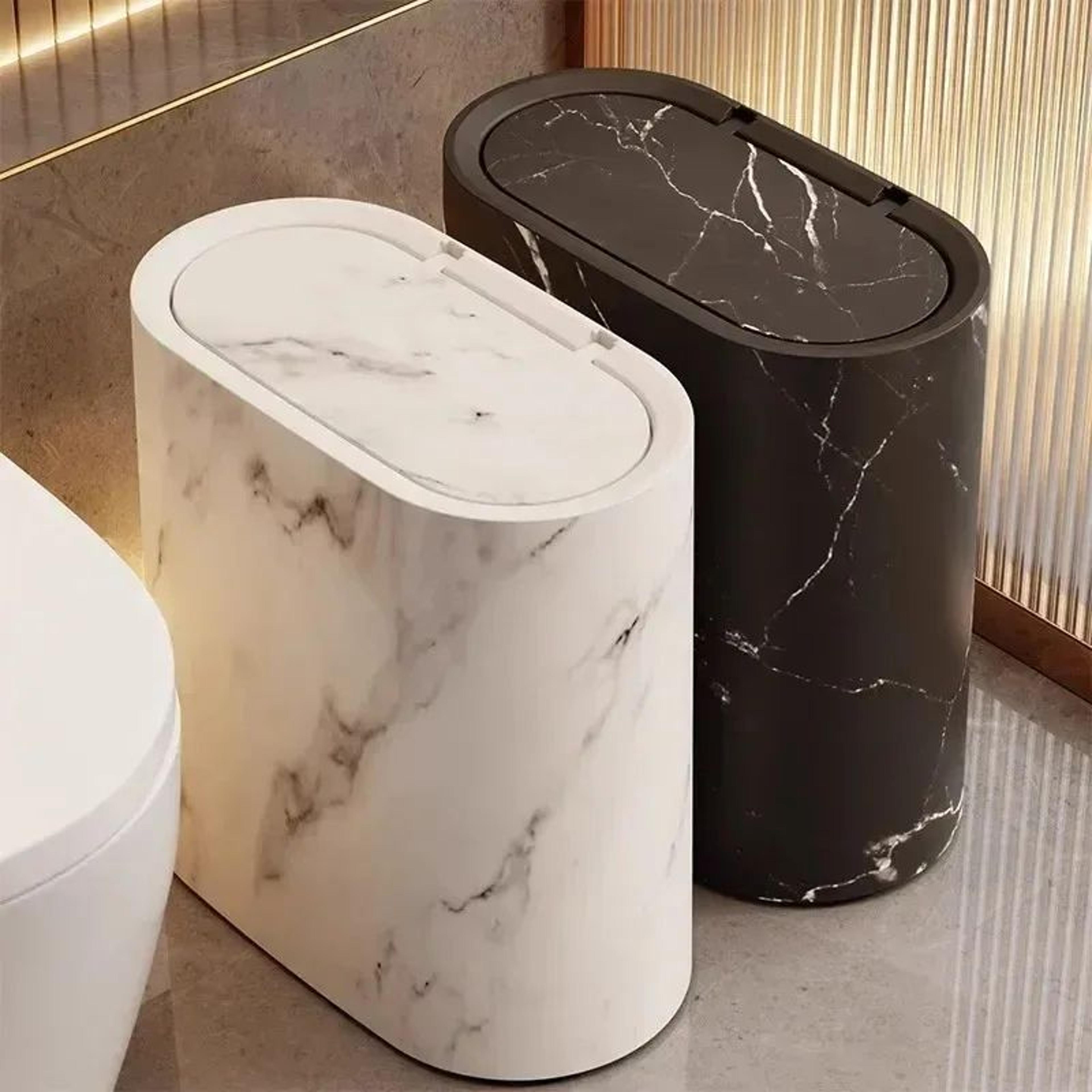 nordic marble slim bathroom trash can with press lid – odor-proof narrow wastebasket