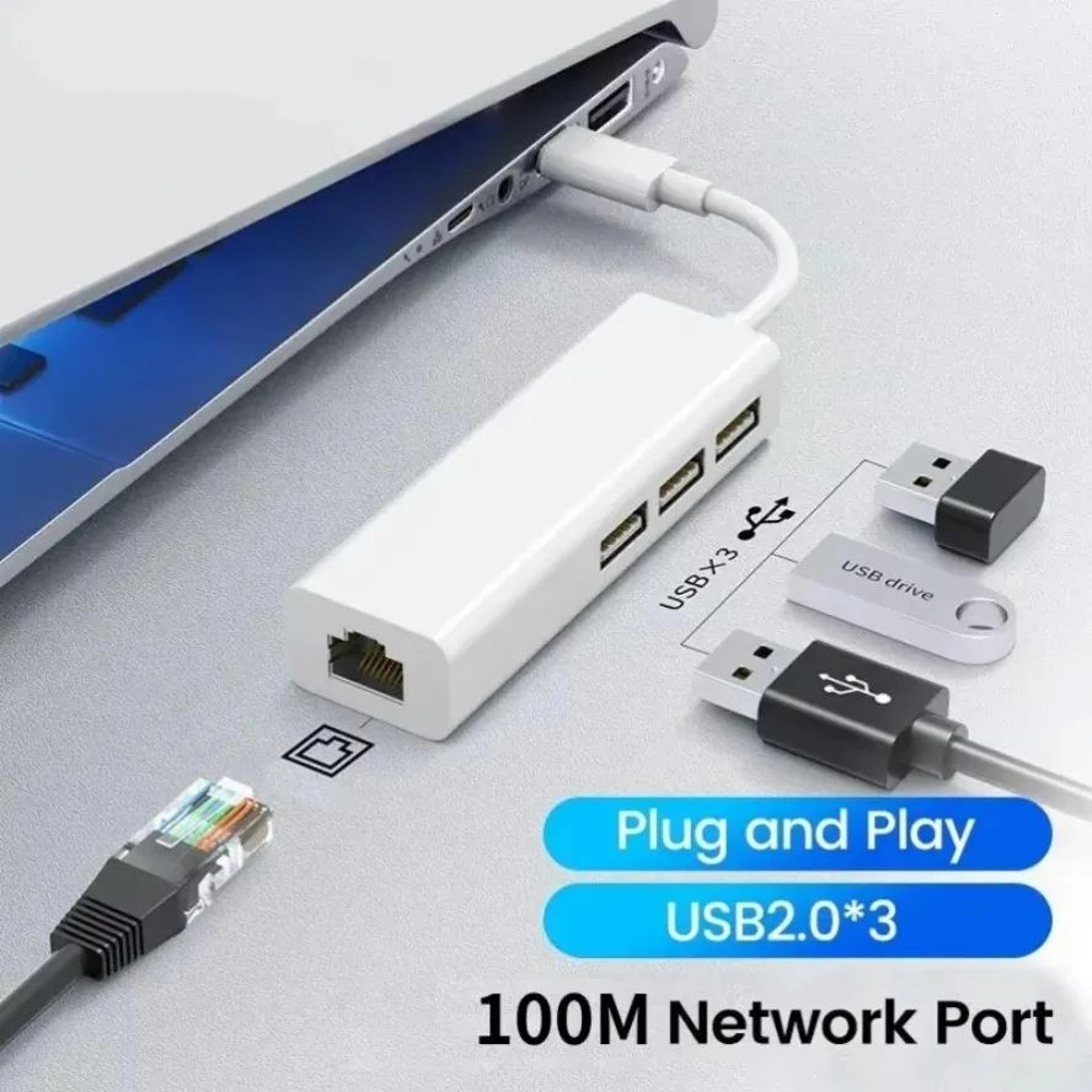 3-port usb-c hub with 100mbps ethernet rj45 adapter