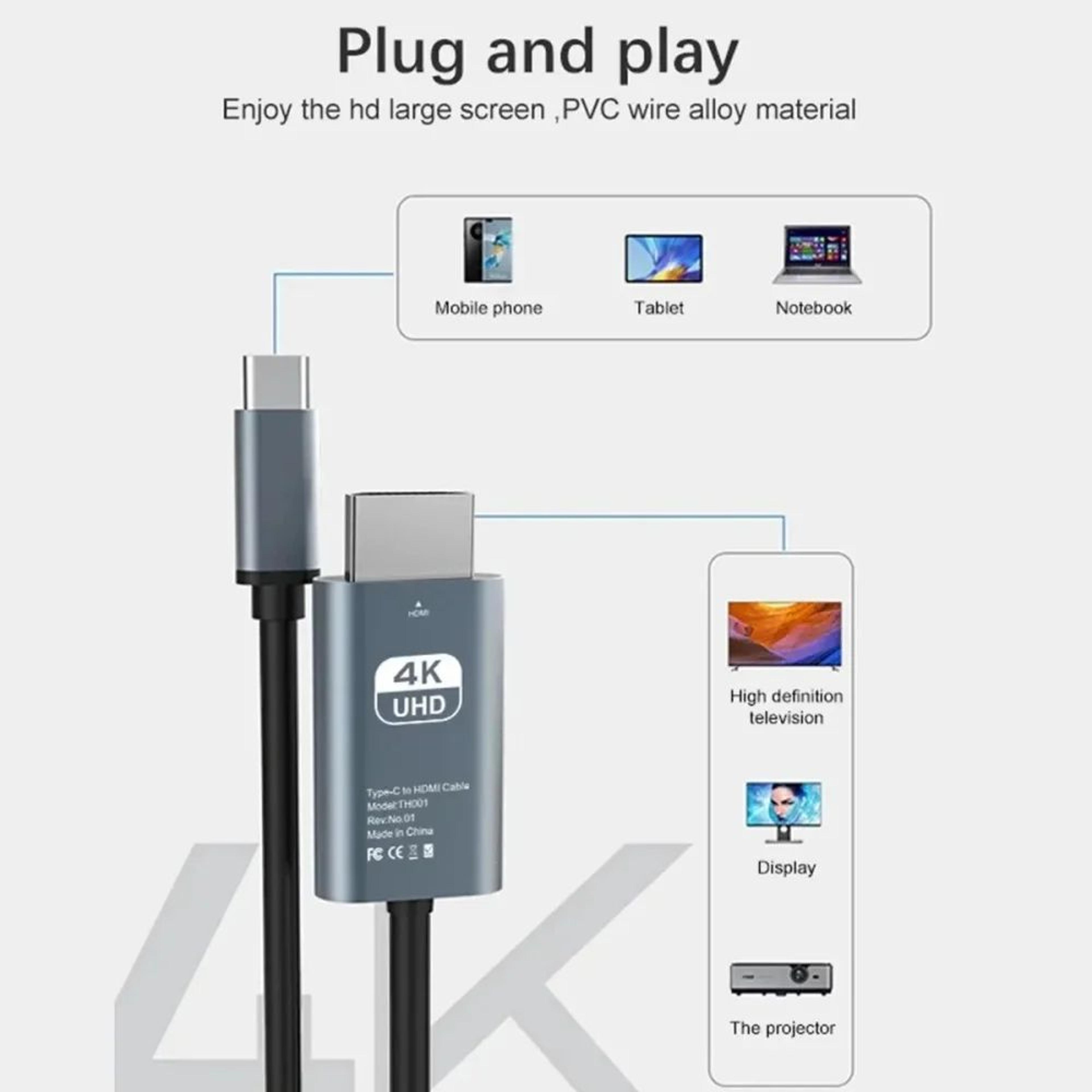 4k usb c to hdmi screen mirroring cable for phone, laptop & tv