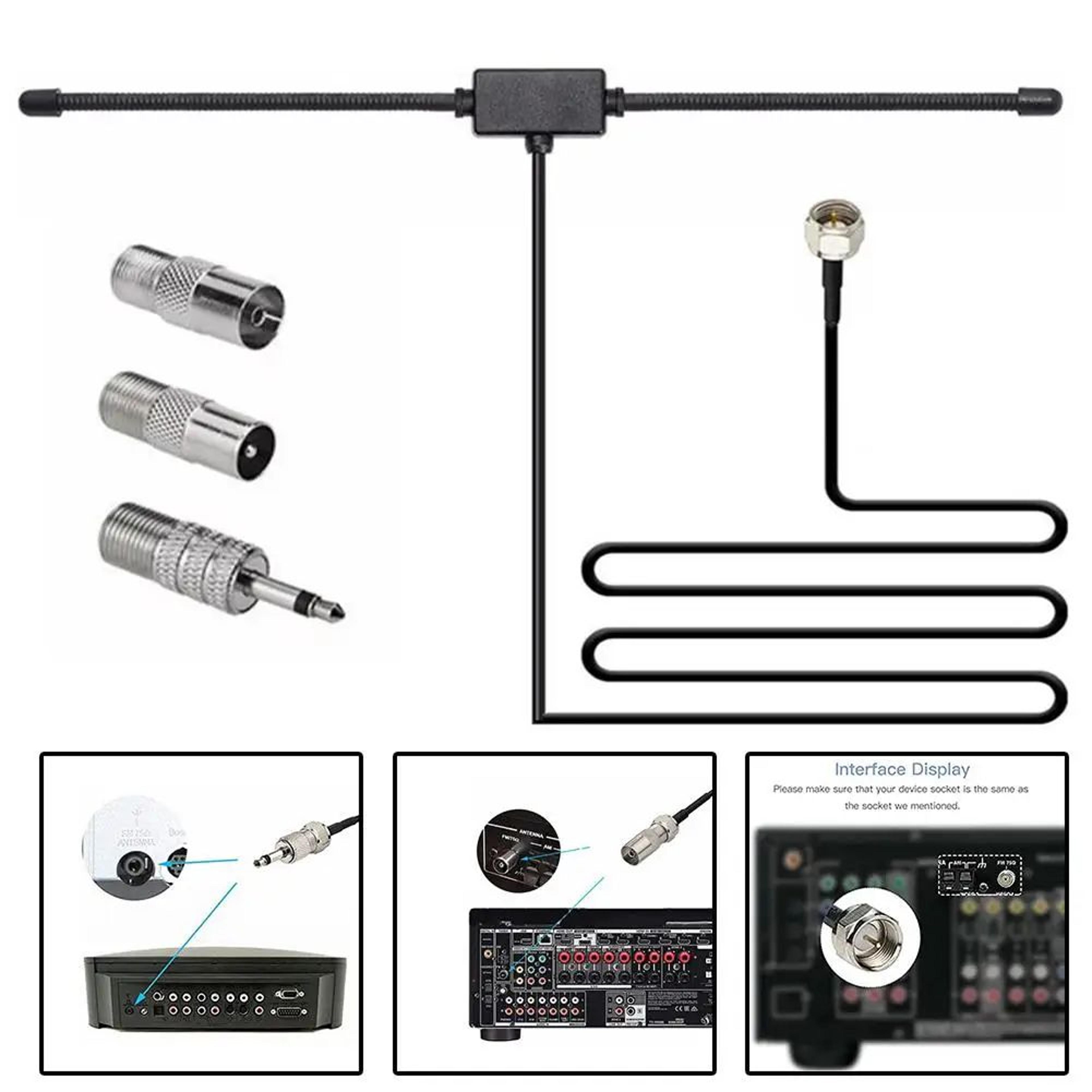 75 ohm fm radio antenna with f female to 3.5mm adapter for car & home stereo