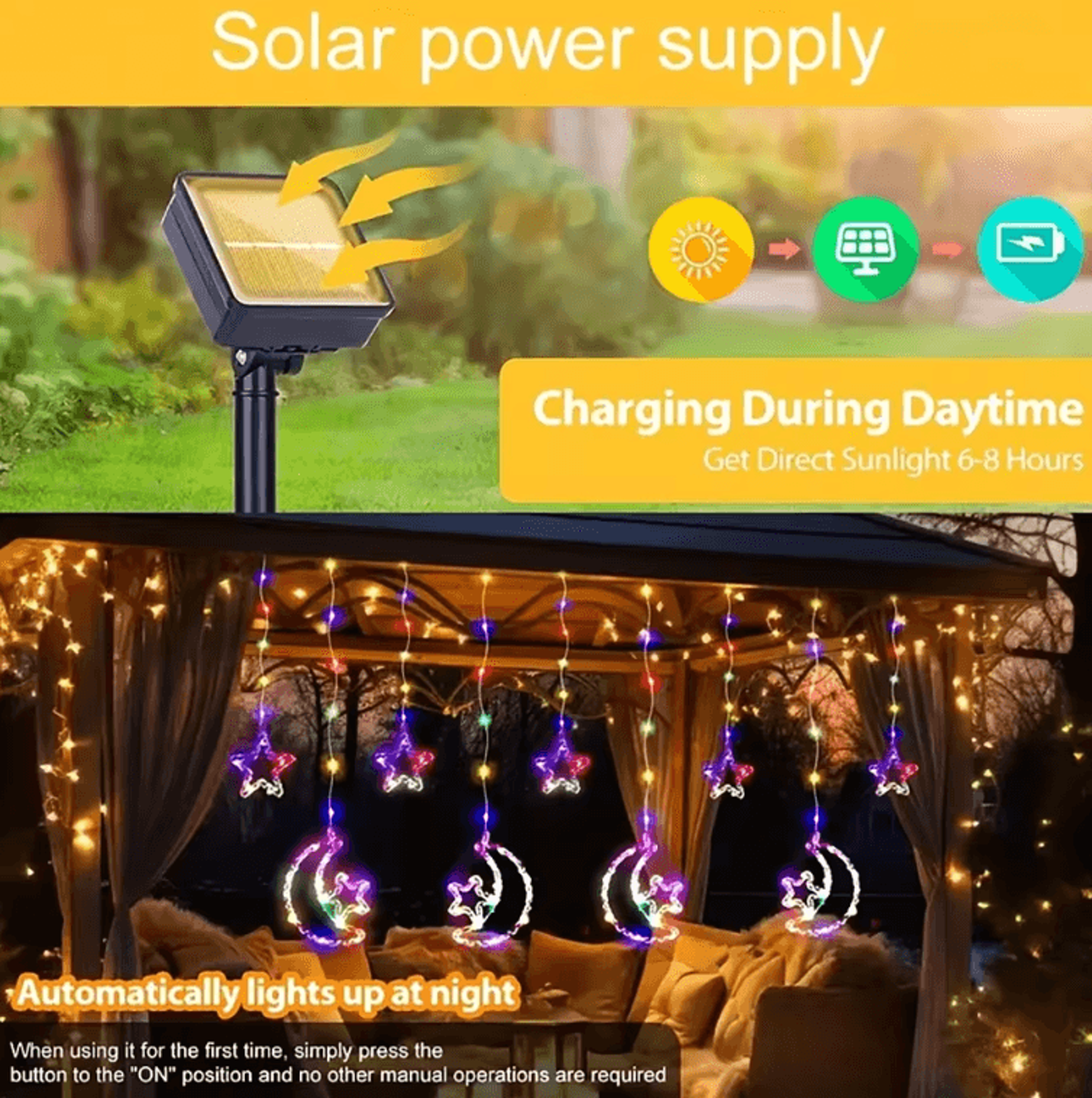 solar star & moon curtain string lights – waterproof fairy lights for garden & party decor