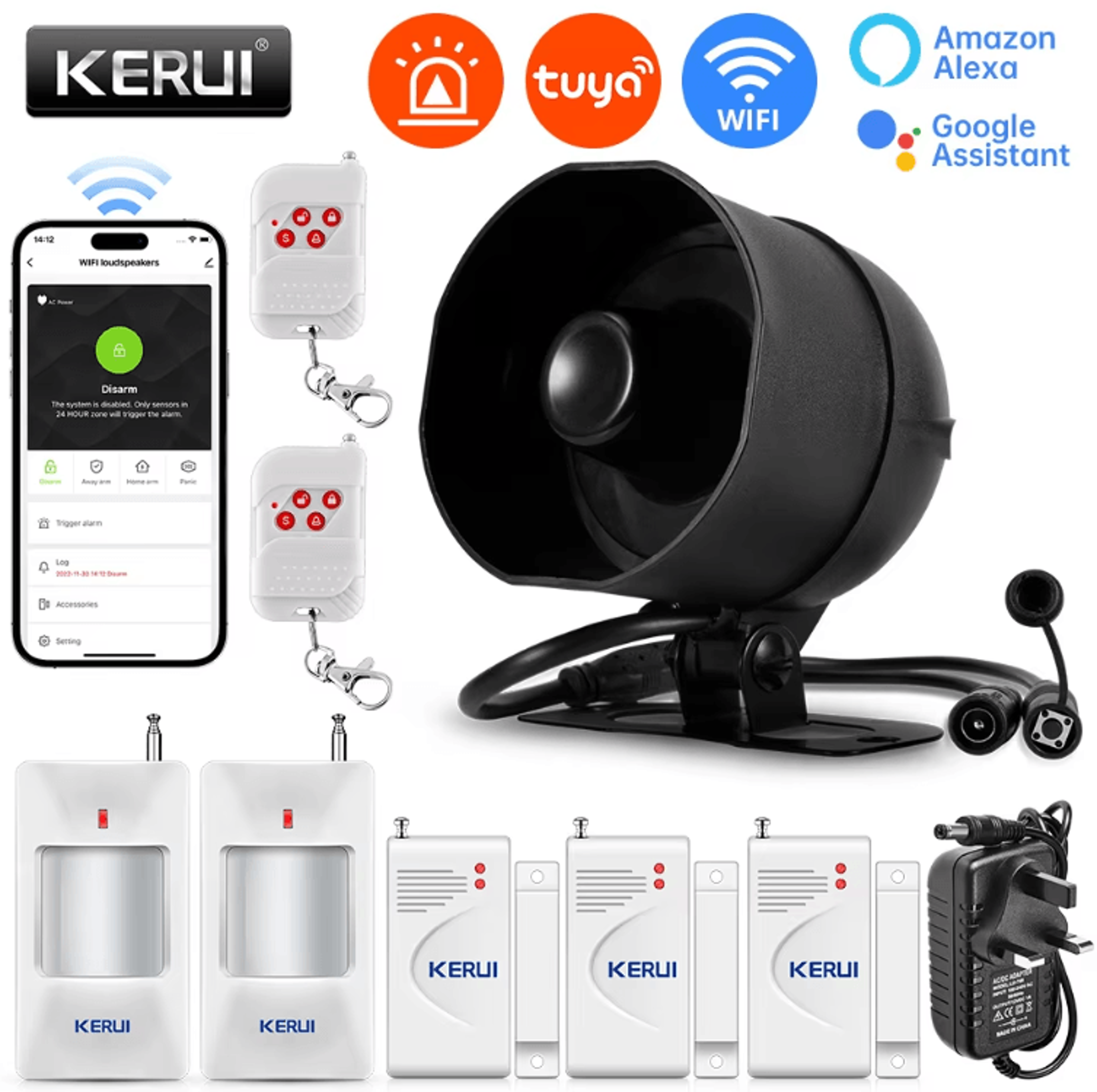 kerui 120db smart wifi siren alarm system – tuya app home security kit with motion & door sensors