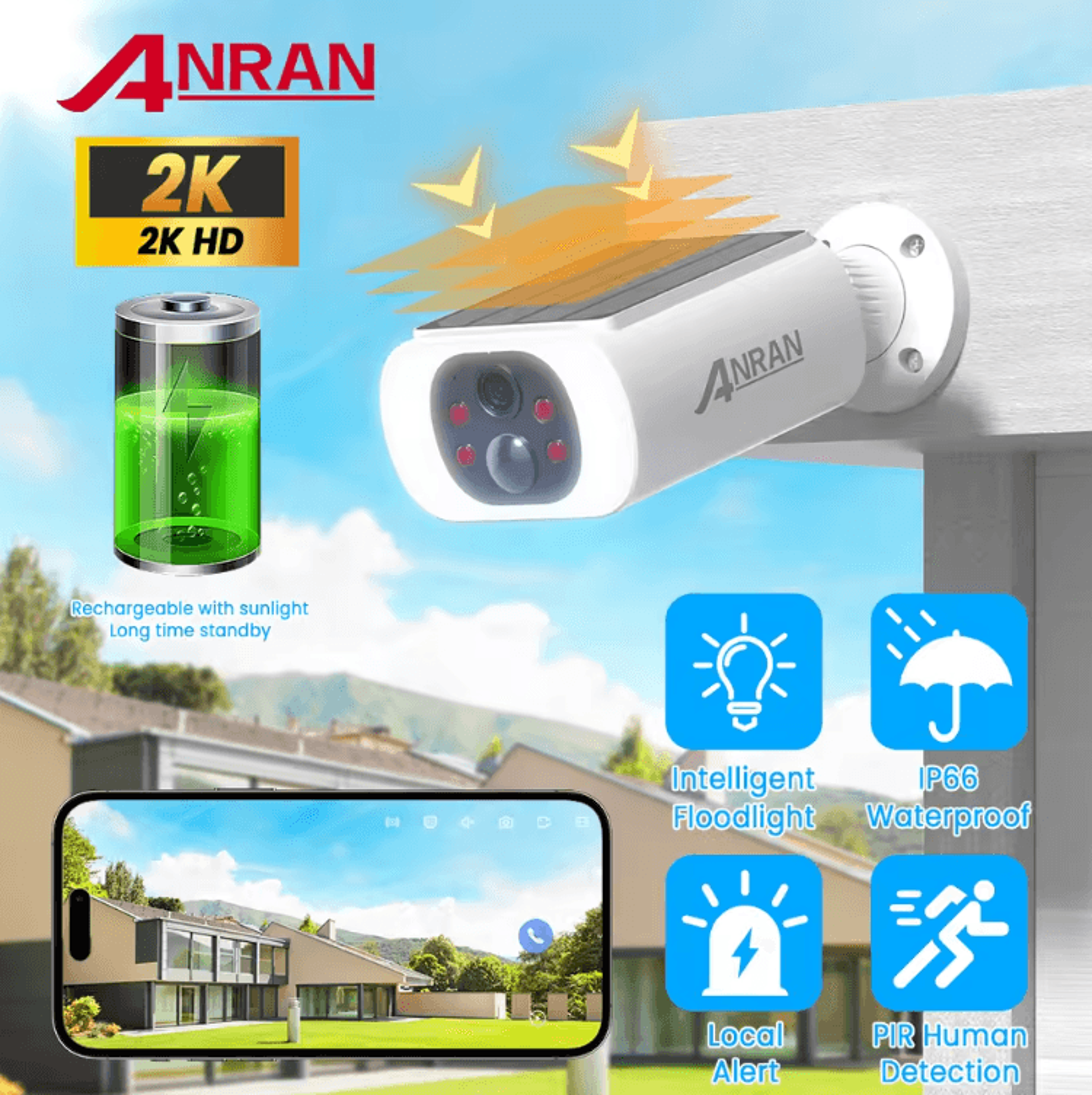 anran 2k solar security camera with floodlight, color night vision & motion detection