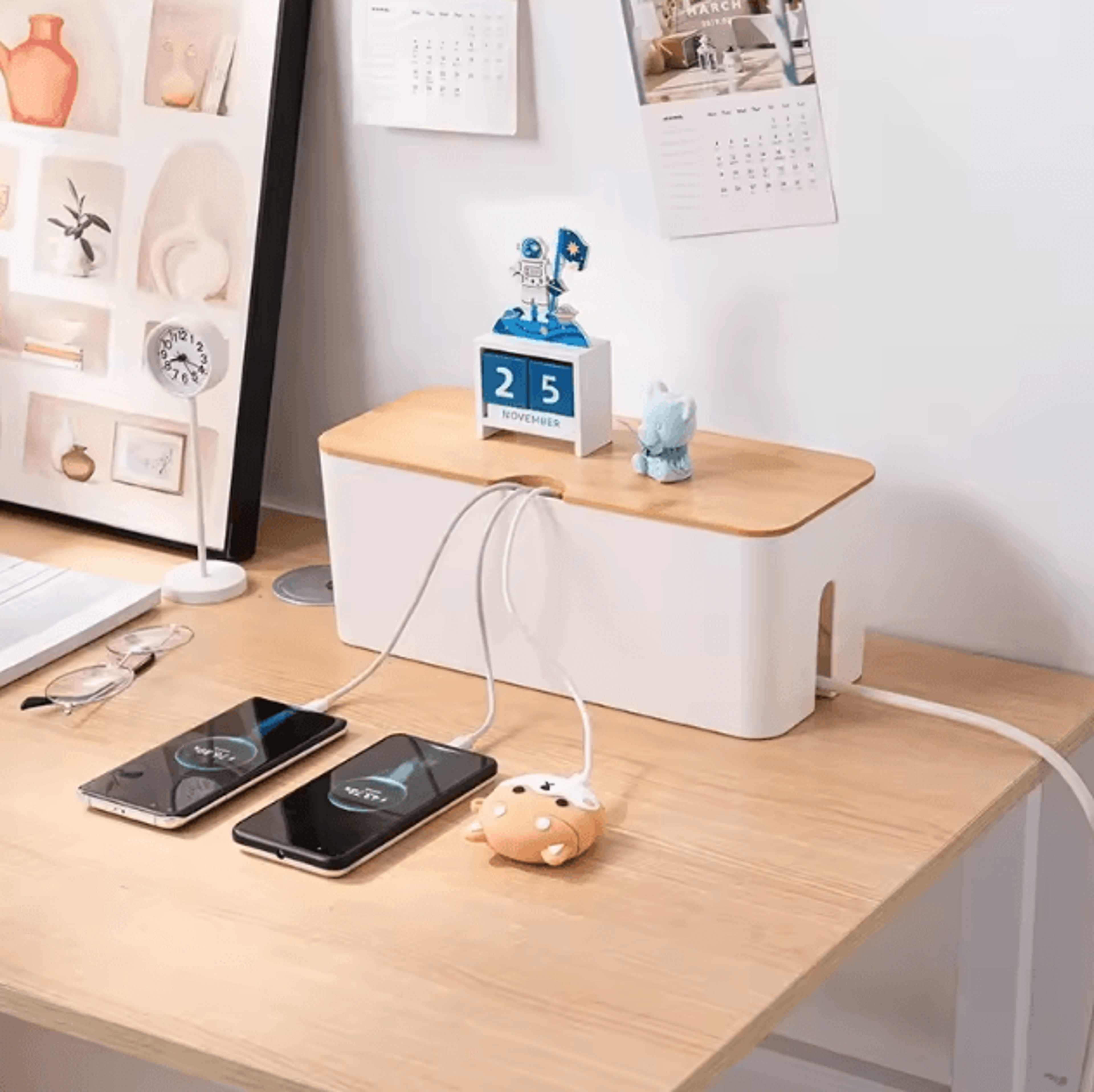 woodshield wooden cable management box power strip and charger organizer