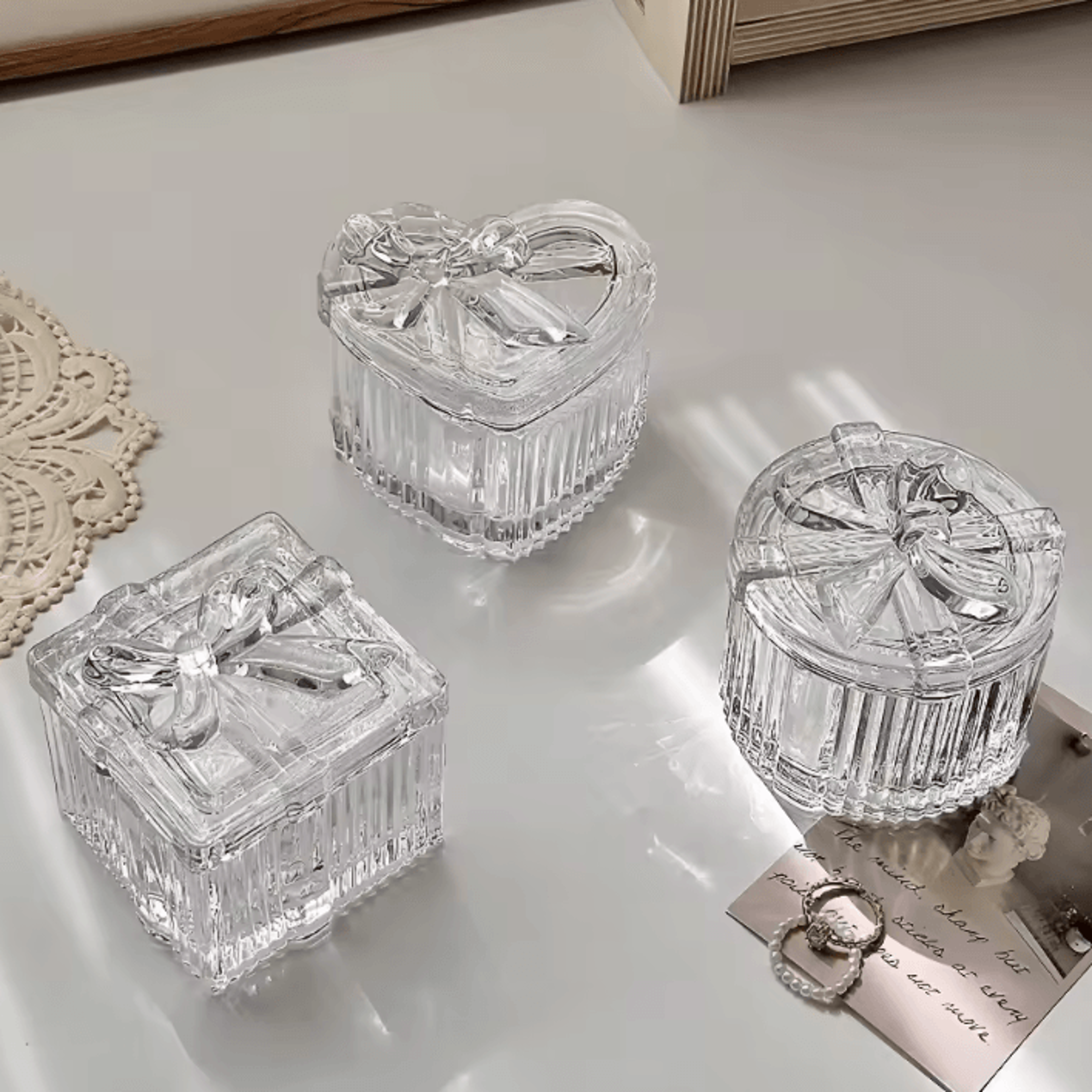bowknot crystal glass jewelry storage box - transparent exquisite organizer with lid, multifunctional home decor for dr