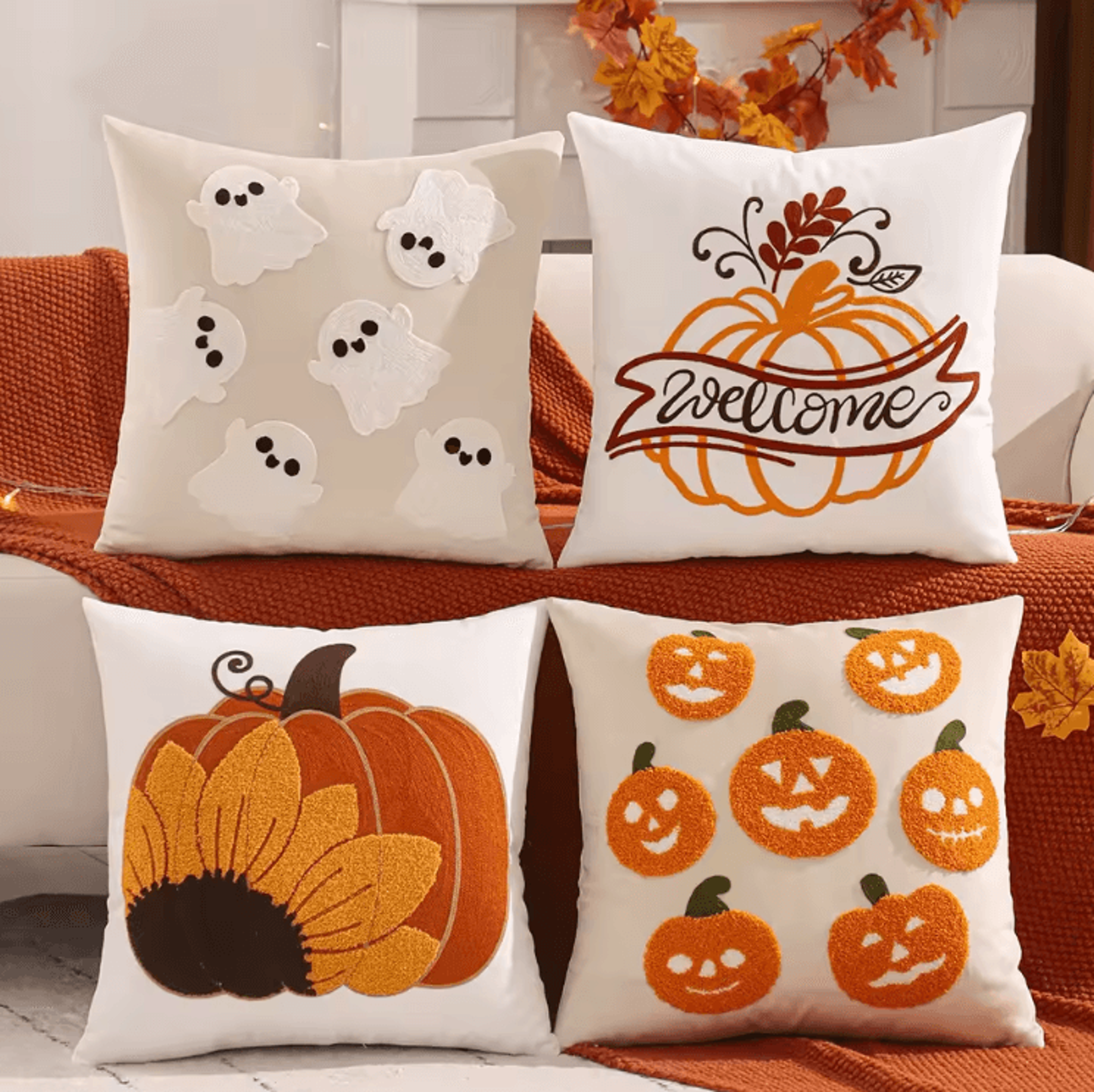 velvet halloween pumpkin and ghost throw pillow cover for cozy autumn decor