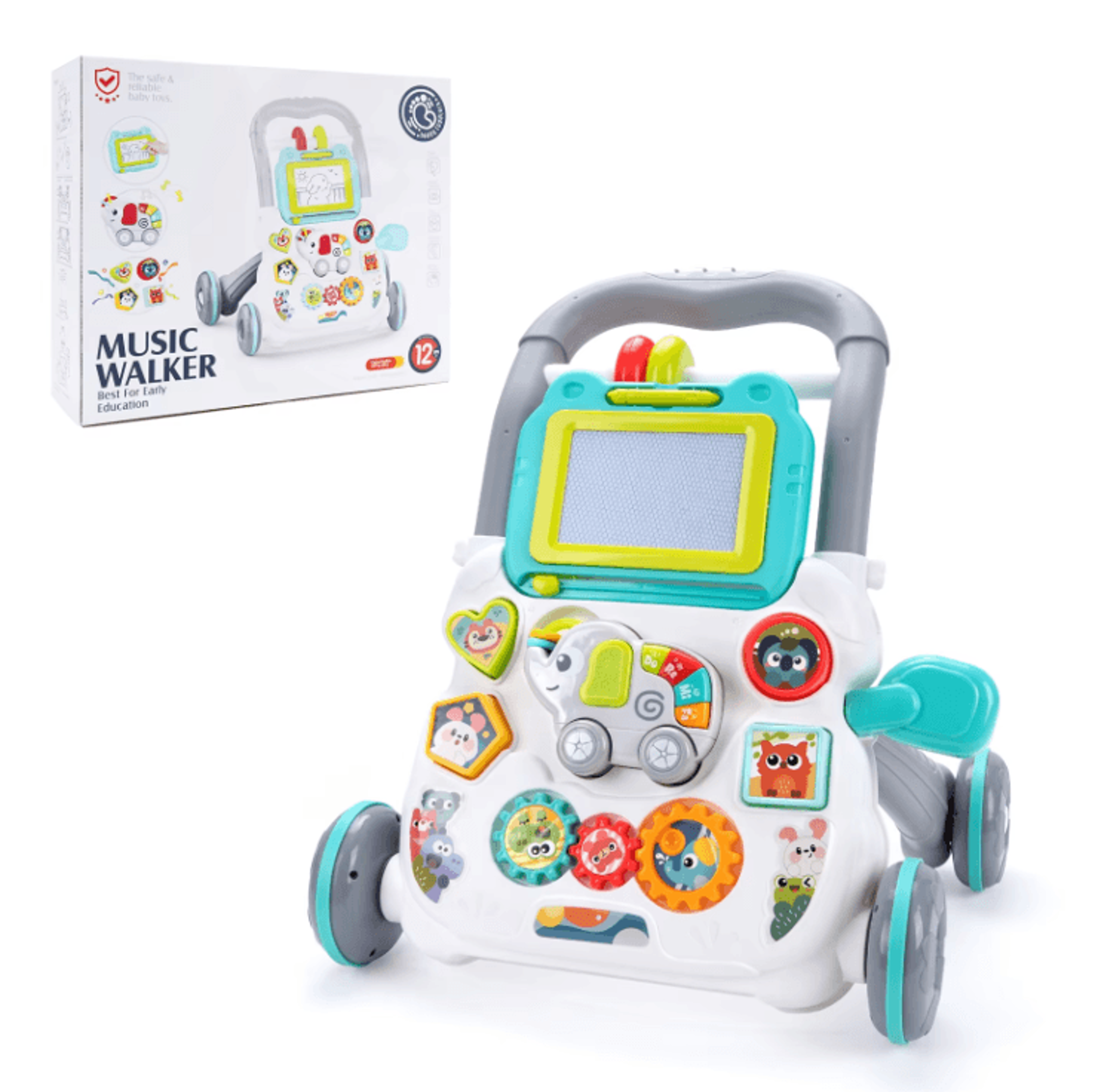 baby push walker with music & drawing board – multifunction learning activity walker for toddlers