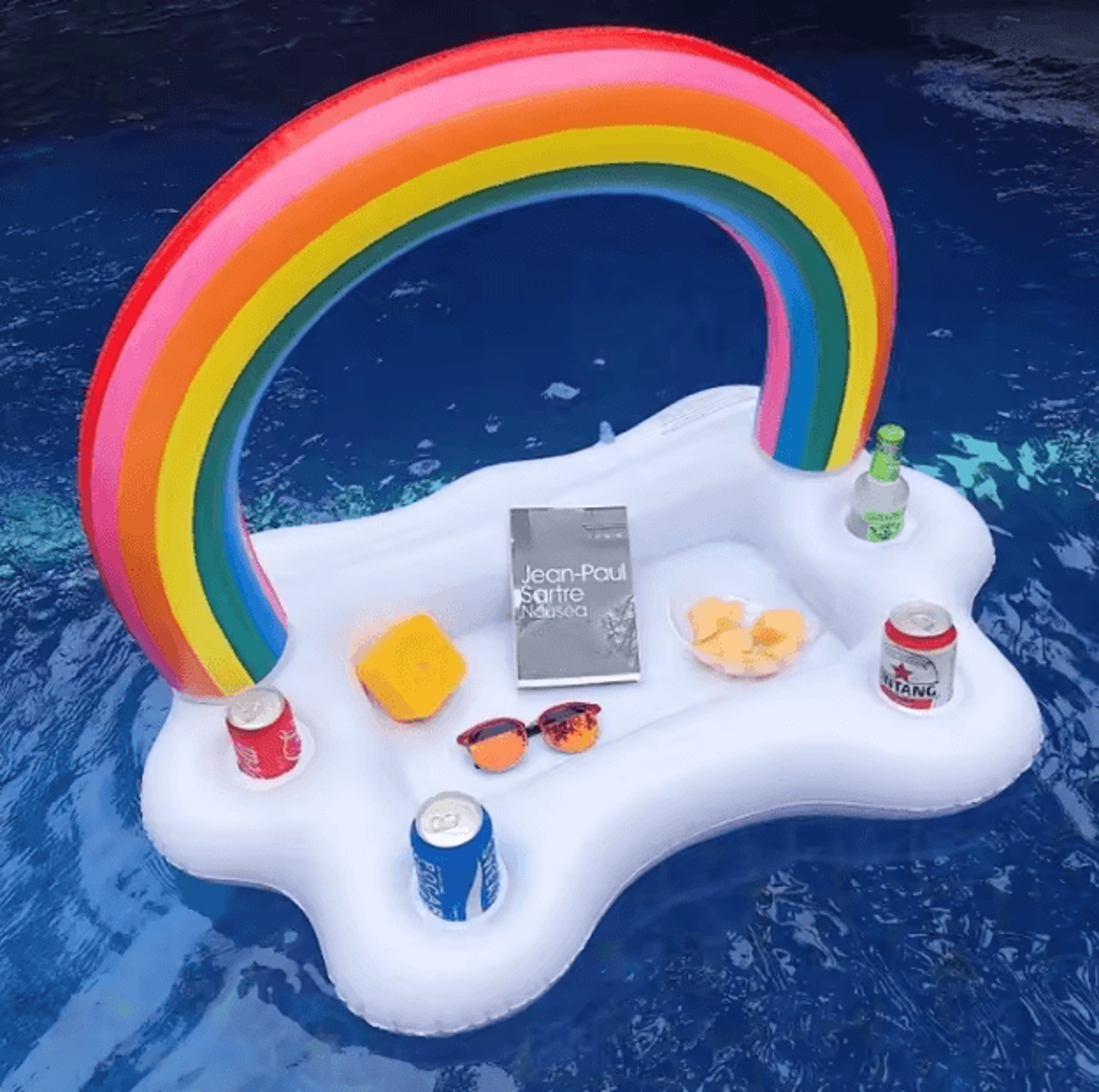 rainbow inflatable pool cooler table – floating drink bar tray for beach & party fun