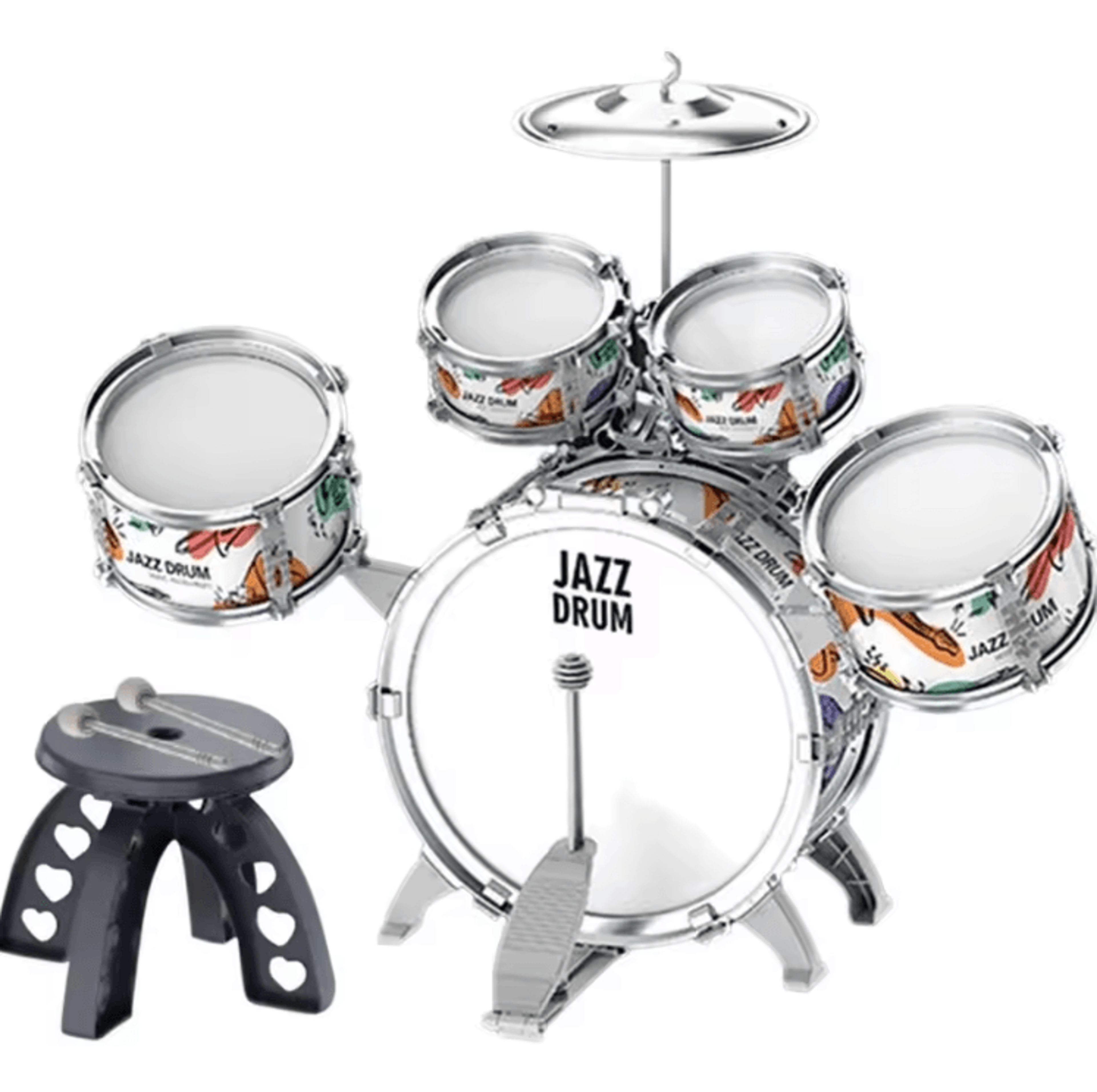 kids jazz drum set with stool & pedal – toddler percussion musical toy kit