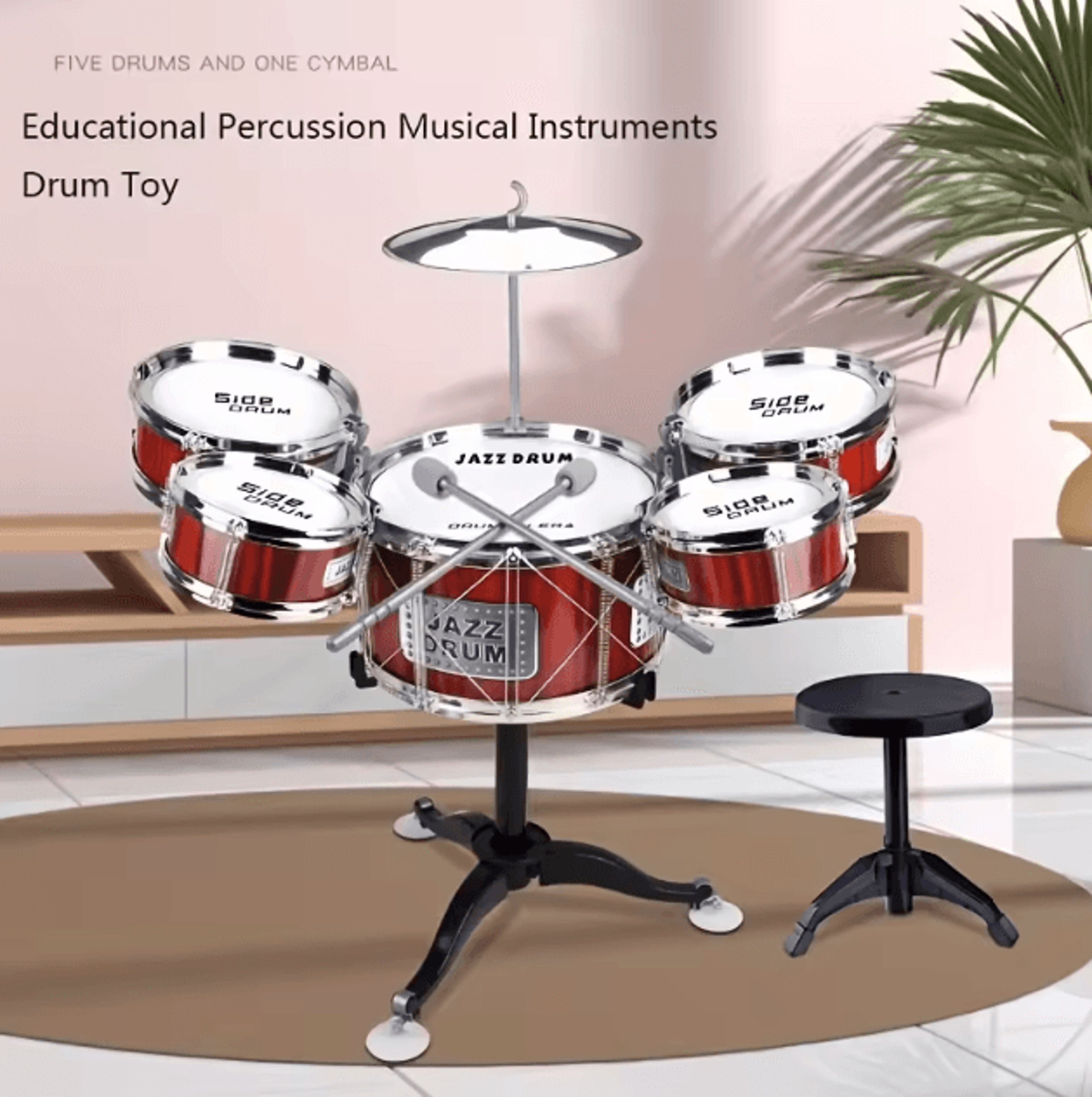 kids jazz drum set with stool & pedal 5 drum musical instrument kit for toddlers