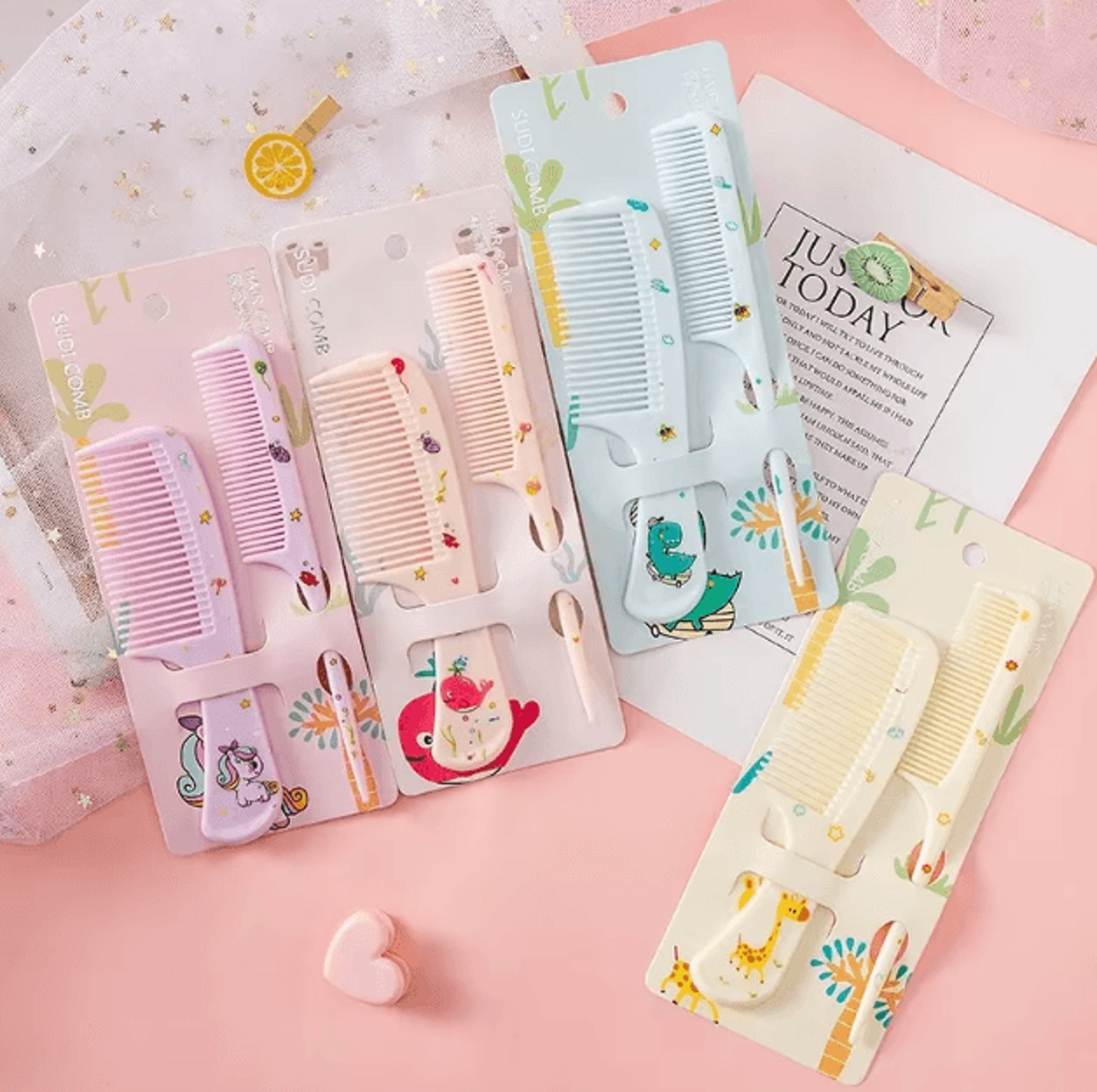 2-piece cartoon kids hair comb set – anti-static tail comb & detangling comb